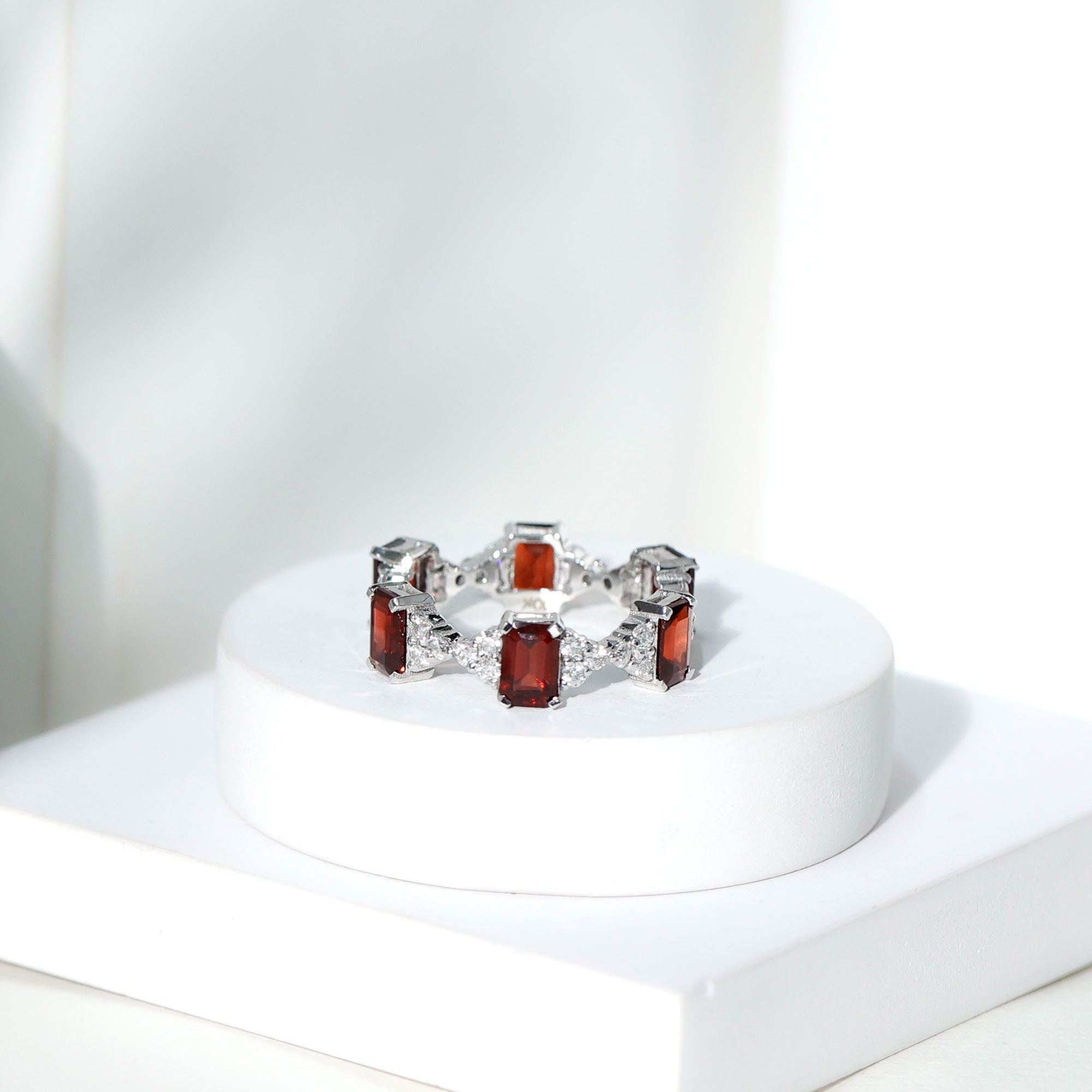 Art Deco Emerald Cut Garnet Eternity Band Ring with Moissanite AAA - Rosec Jewels