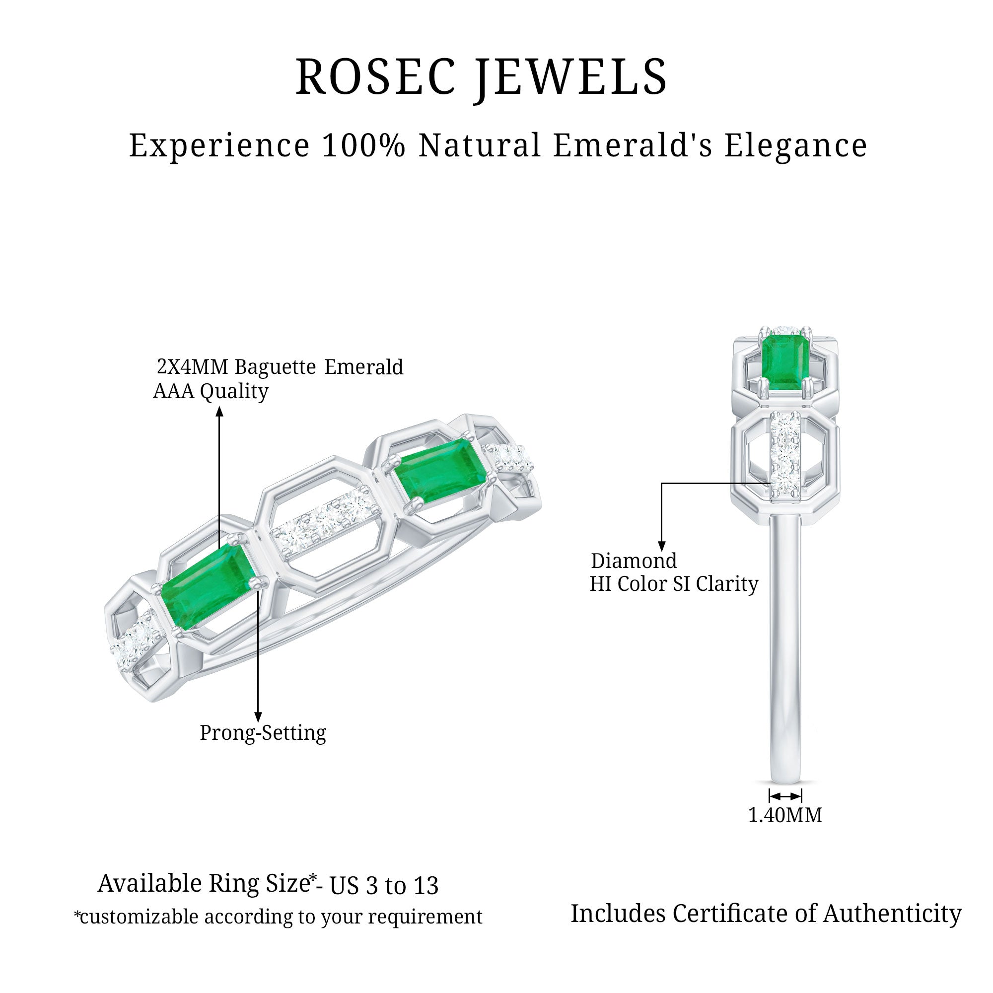Rosec Jewels-Natural Baguette Emerald Diamond Anniversary Band Ring in East West Style