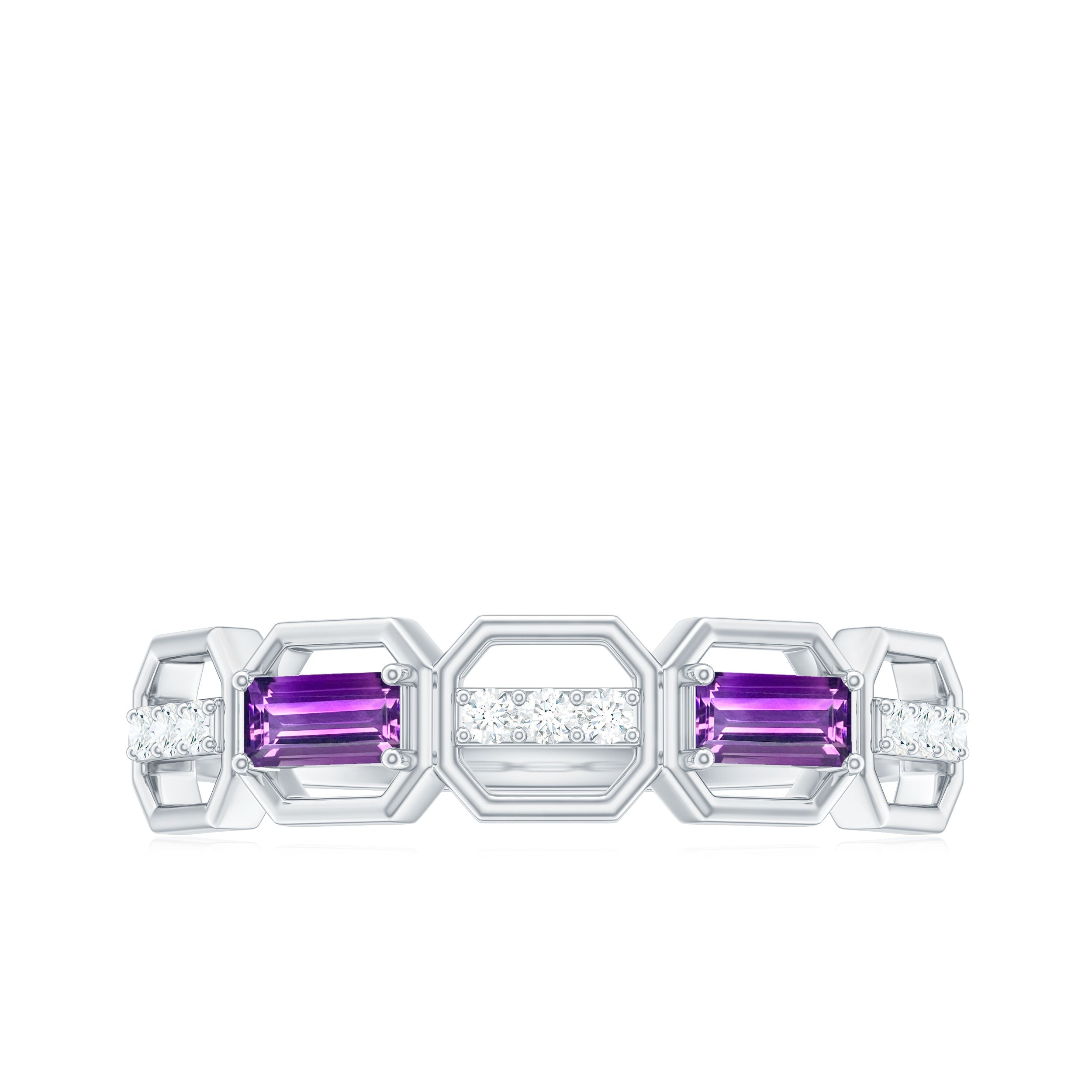 Natural Baguette Amethyst Half Eternity Wedding Band with Diamond AAA - Rosec Jewels