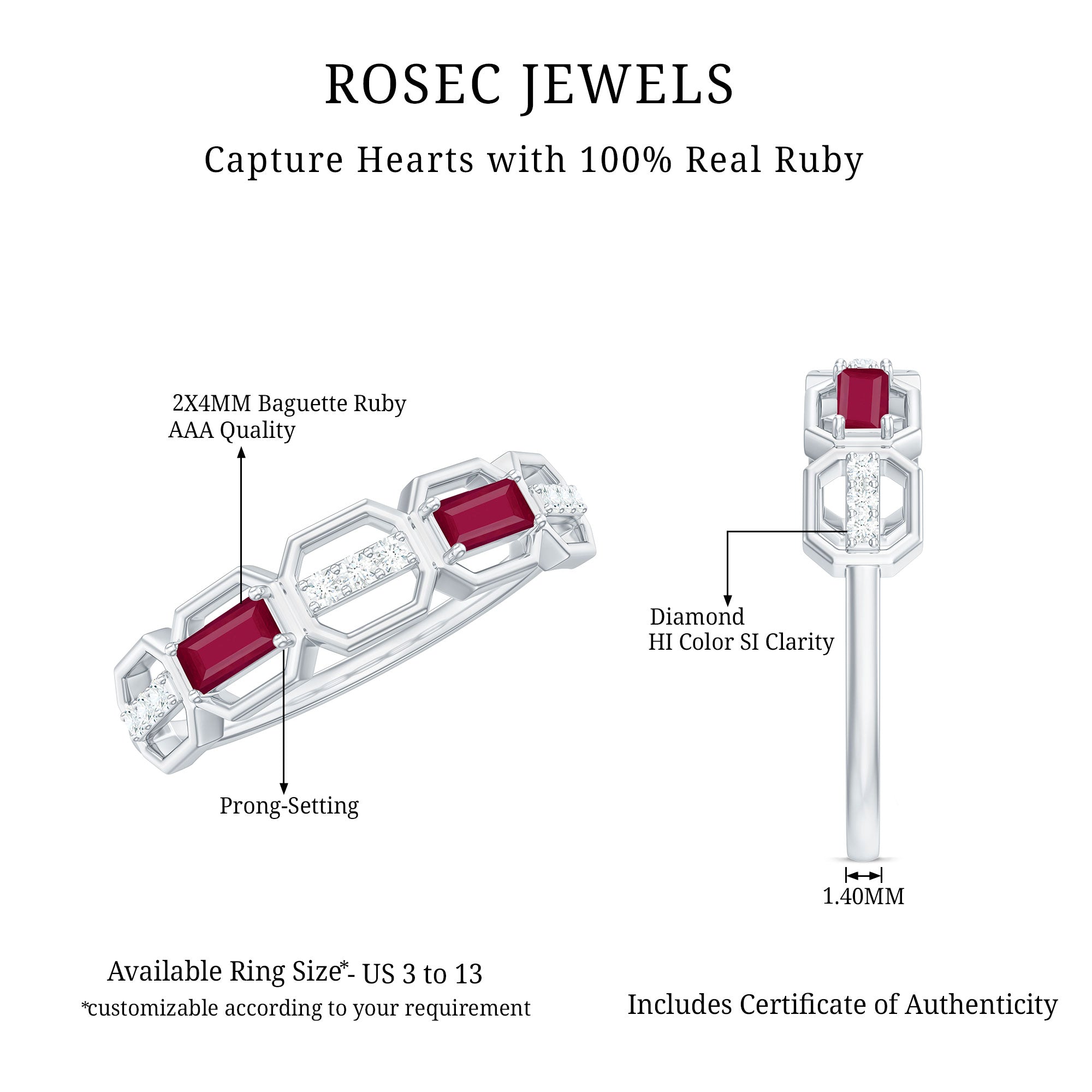 Rosec Jewels-Natural Baguette Ruby Band Ring with Diamond