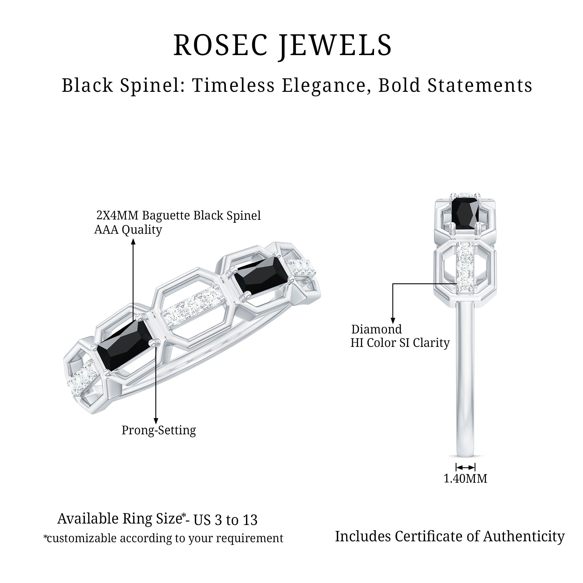 Rosec Jewels-Natural Baguette Black Spinel Diamond Geometric Band Ring