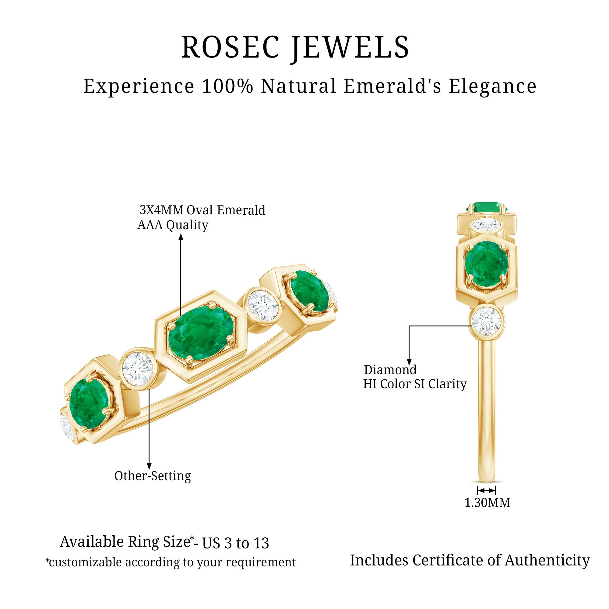 Classic Oval Emerald Diamond Half Eternity Band Ring in East West Style AAA - Rosec Jewels