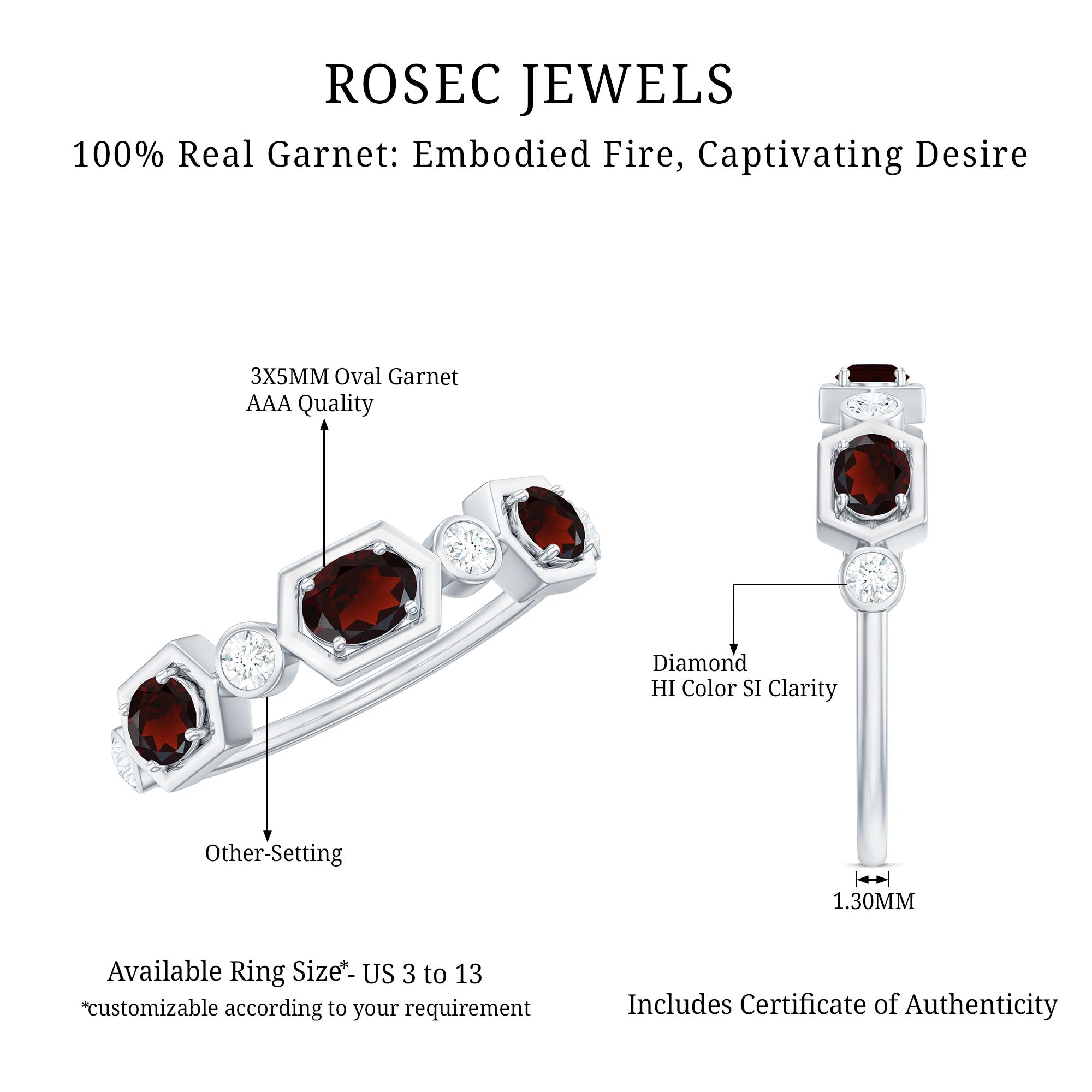 Natural Garnet Diamond Wedding Band With Certificate AAA - Rosec Jewels