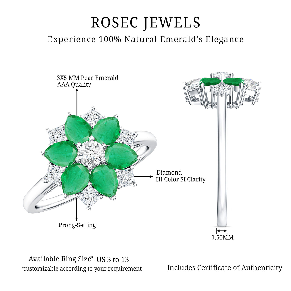 Genuine Emerald and Diamond Nature Inspired Statement Ring AAA - Rosec Jewels