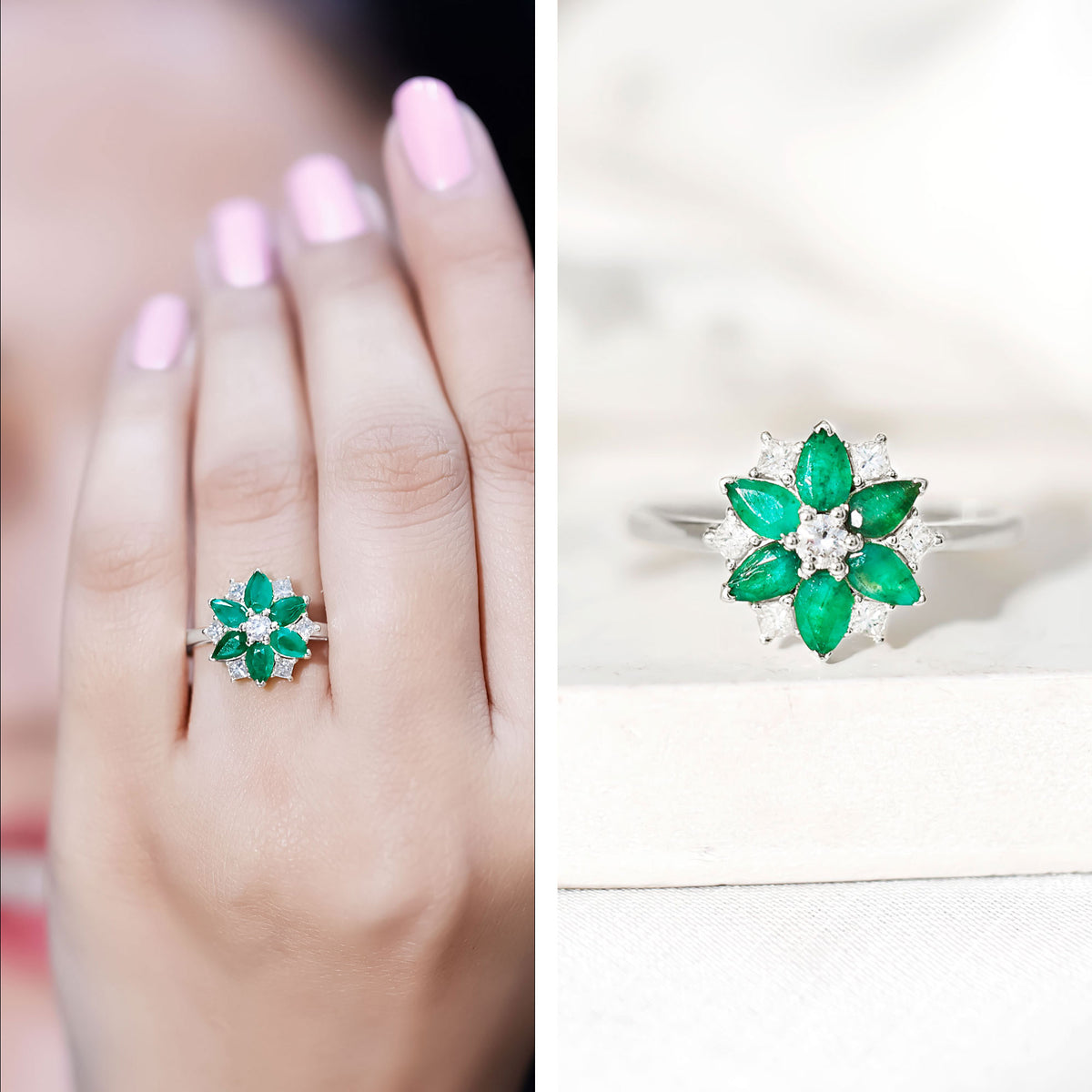 Genuine Emerald and Diamond Nature Inspired Statement Ring AAA - Rosec Jewels