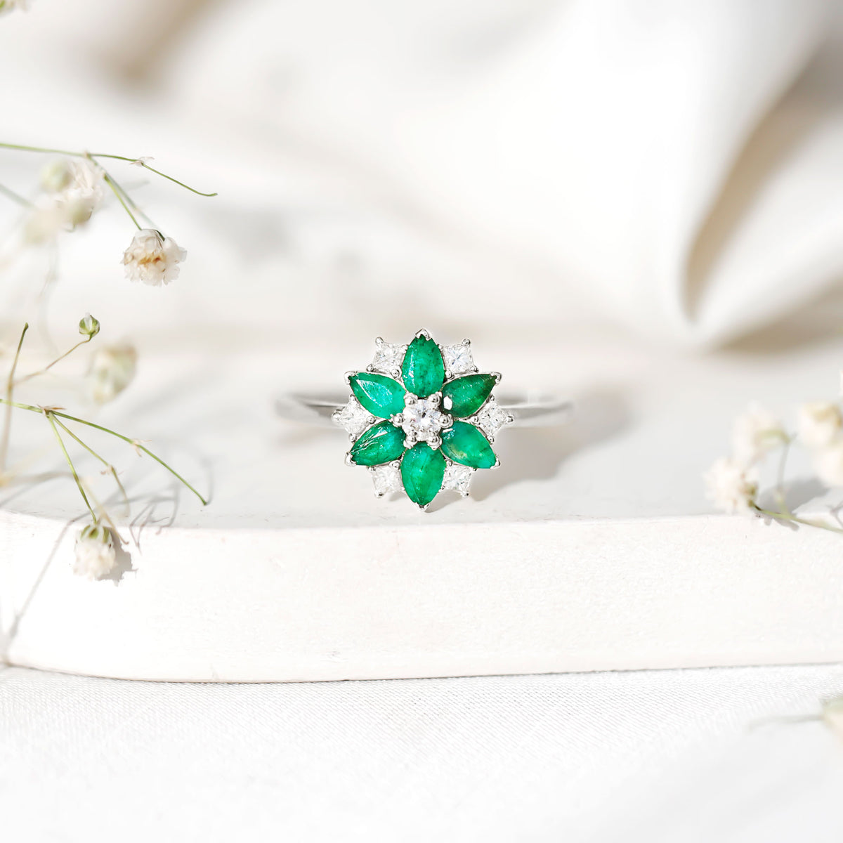 Genuine Emerald and Diamond Nature Inspired Statement Ring AAA - Rosec Jewels