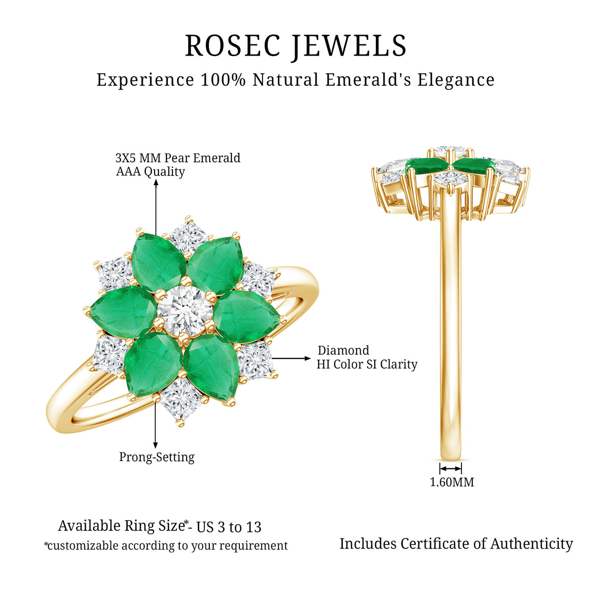 Genuine Emerald and Diamond Nature Inspired Statement Ring AAA - Rosec Jewels