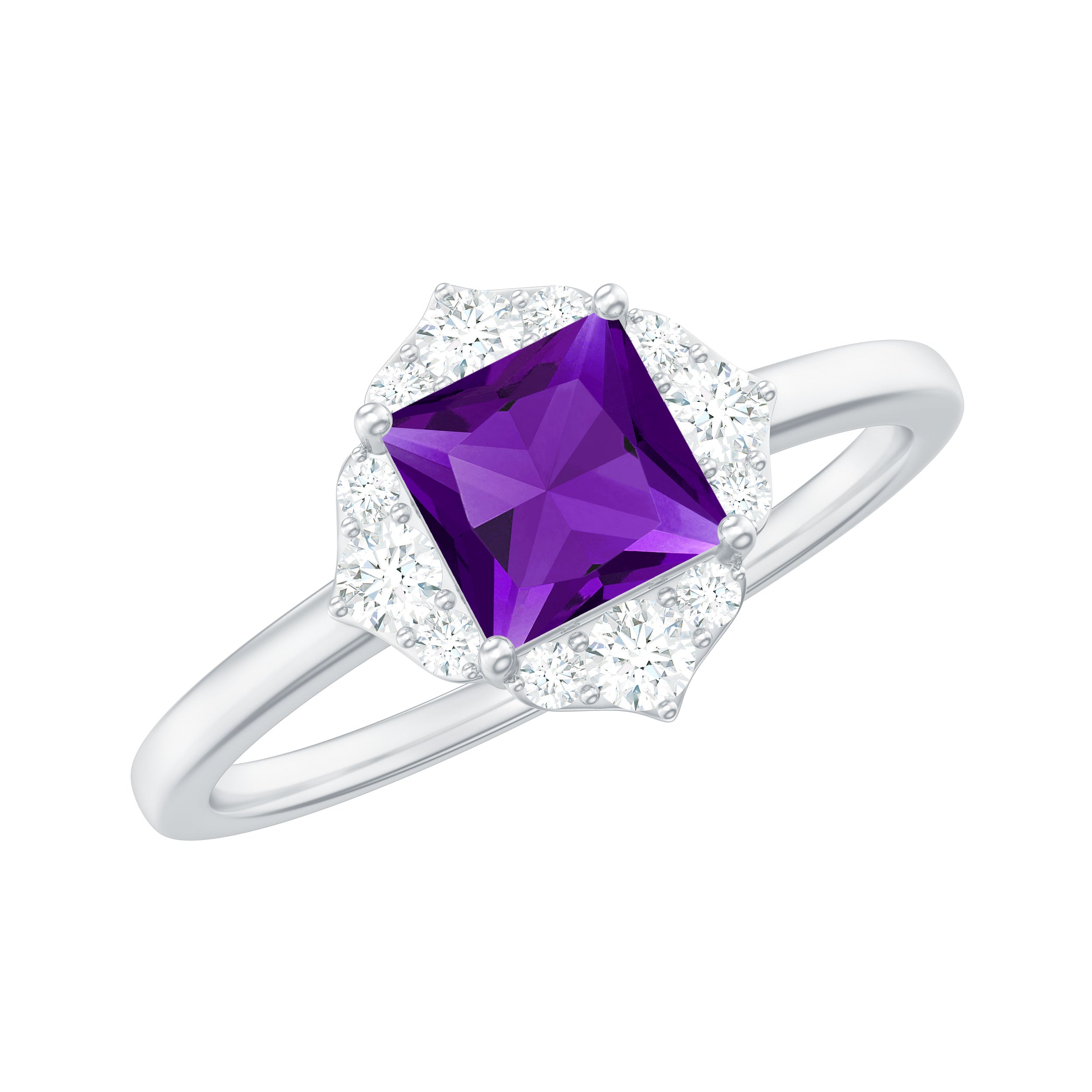 Princess Cut Amethyst and Diamond Flower Halo Ring