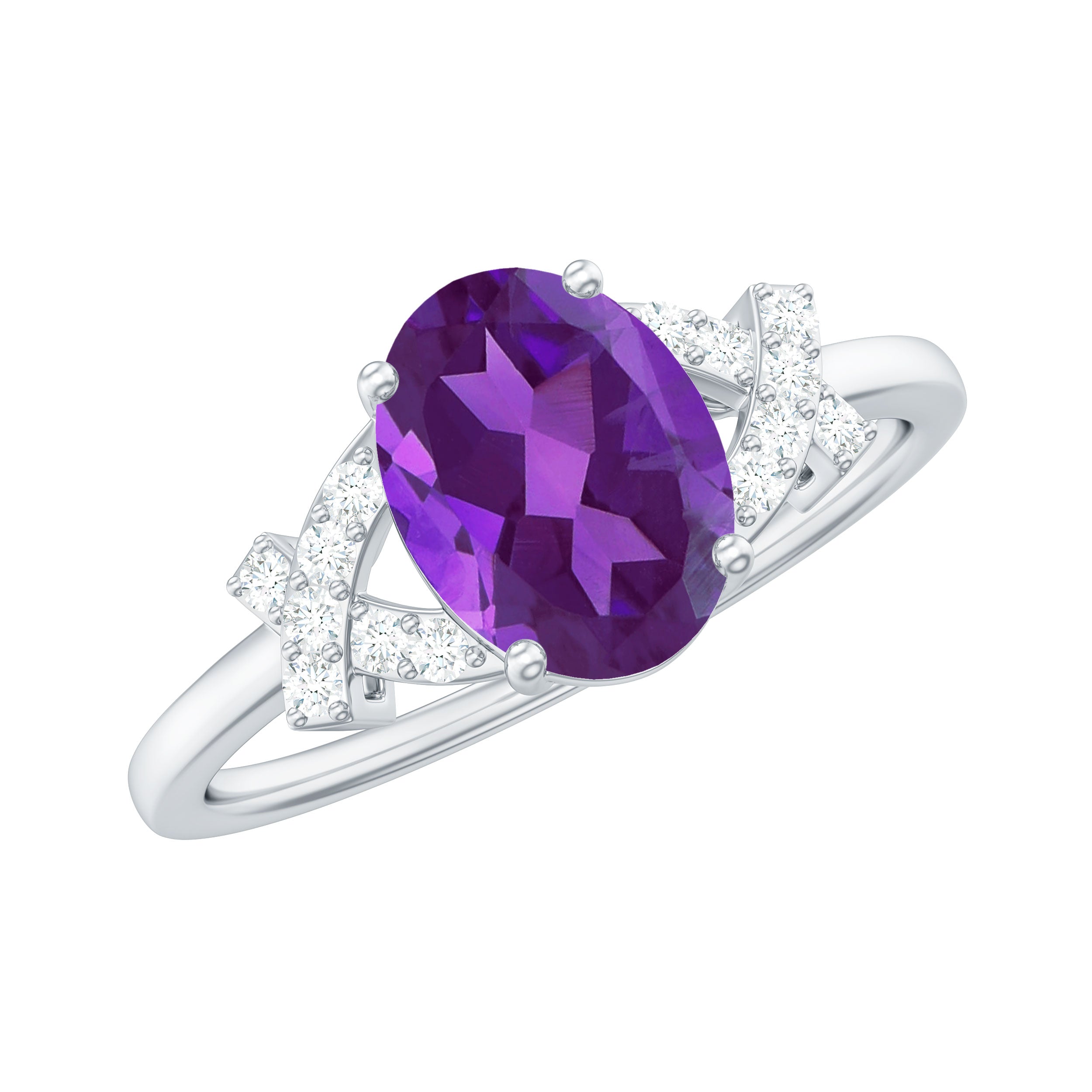 Oval Amethyst Solitaire Ring with Diamond in Split Shank