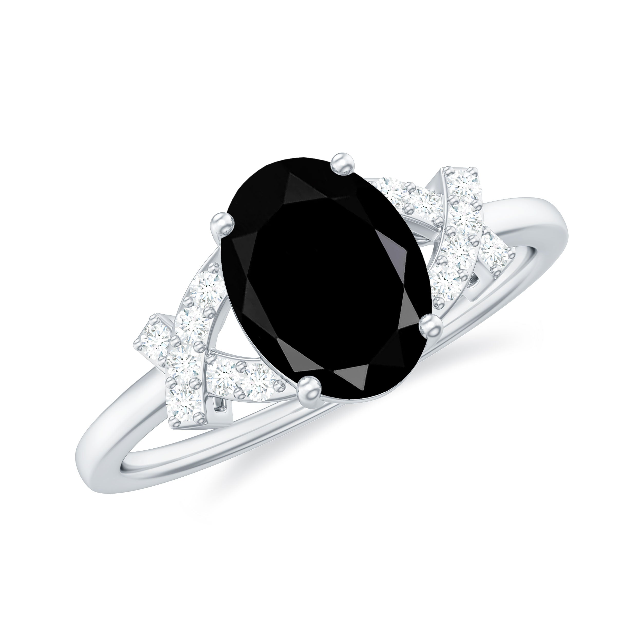 Oval Black Onyx Solitaire Split Shank Ring with Diamond Black Onyx - ( AAA ) - Quality - Rosec Jewels
