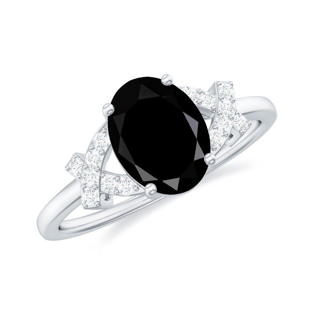 Oval Black Onyx Solitaire Split Shank Ring with Diamond