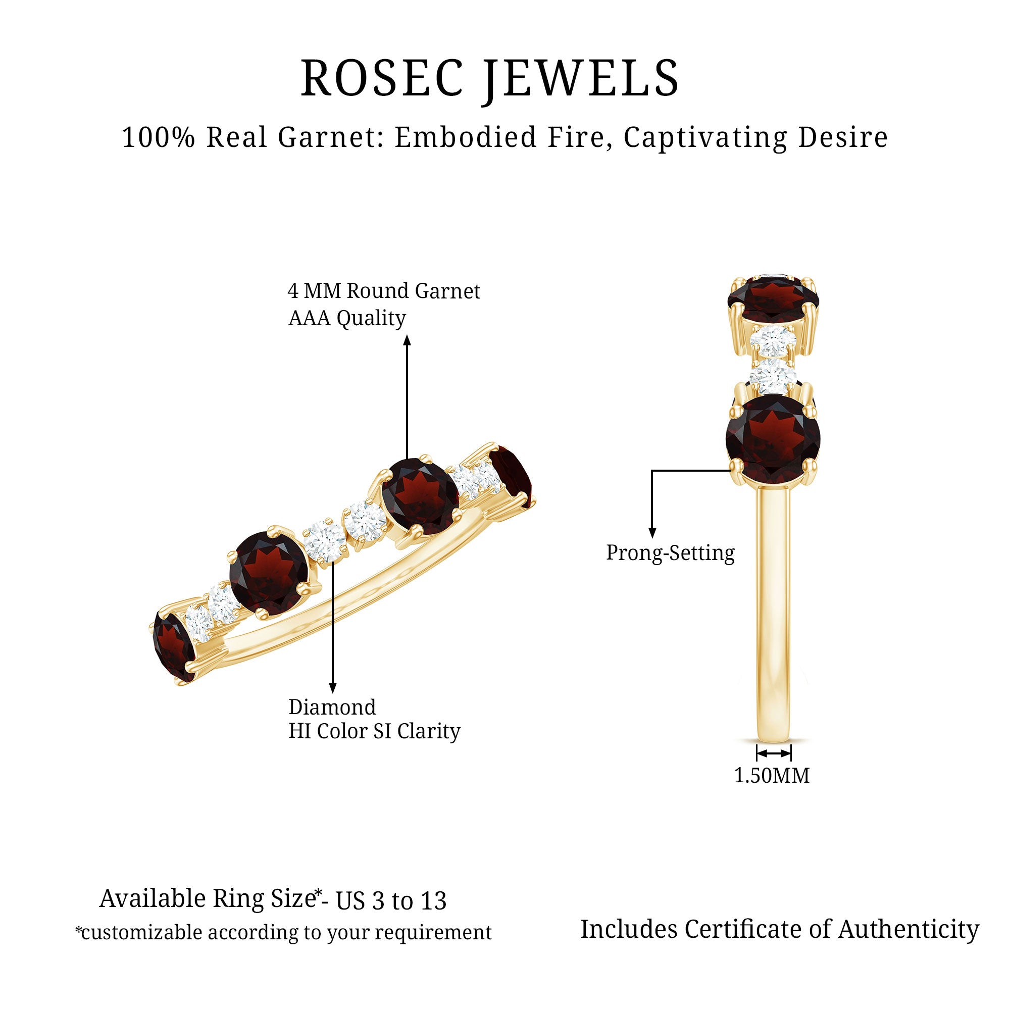 Rosec Jewels-Genuine Garnet Half Eternity Ring with Diamond