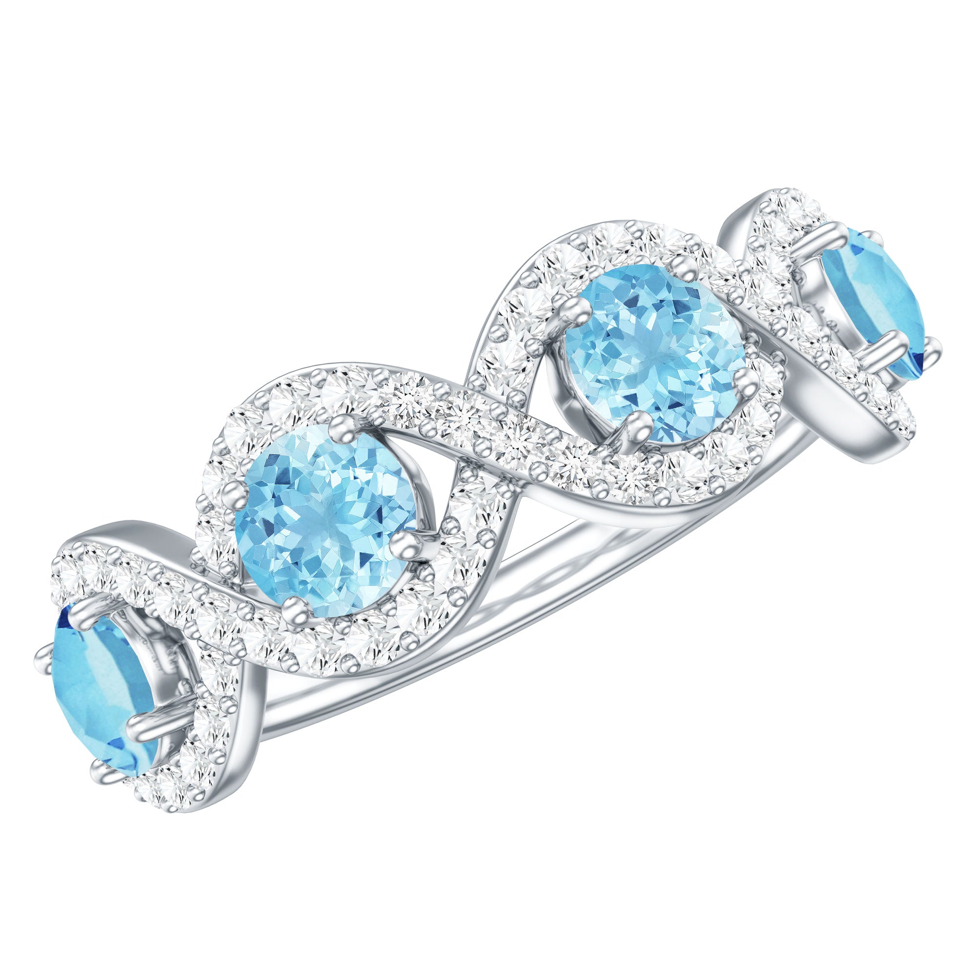 Braided Half Eternity Ring with Genuine Aquamarine and Diamond AAA - Rosec Jewels