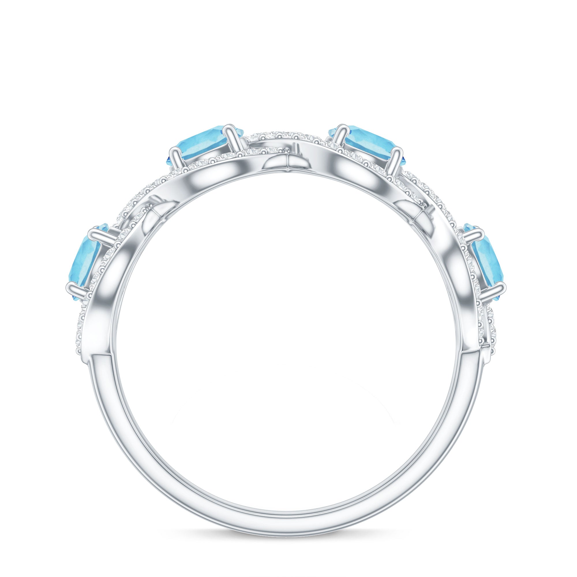 Braided Half Eternity Ring with Genuine Aquamarine and Diamond AAA - Rosec Jewels