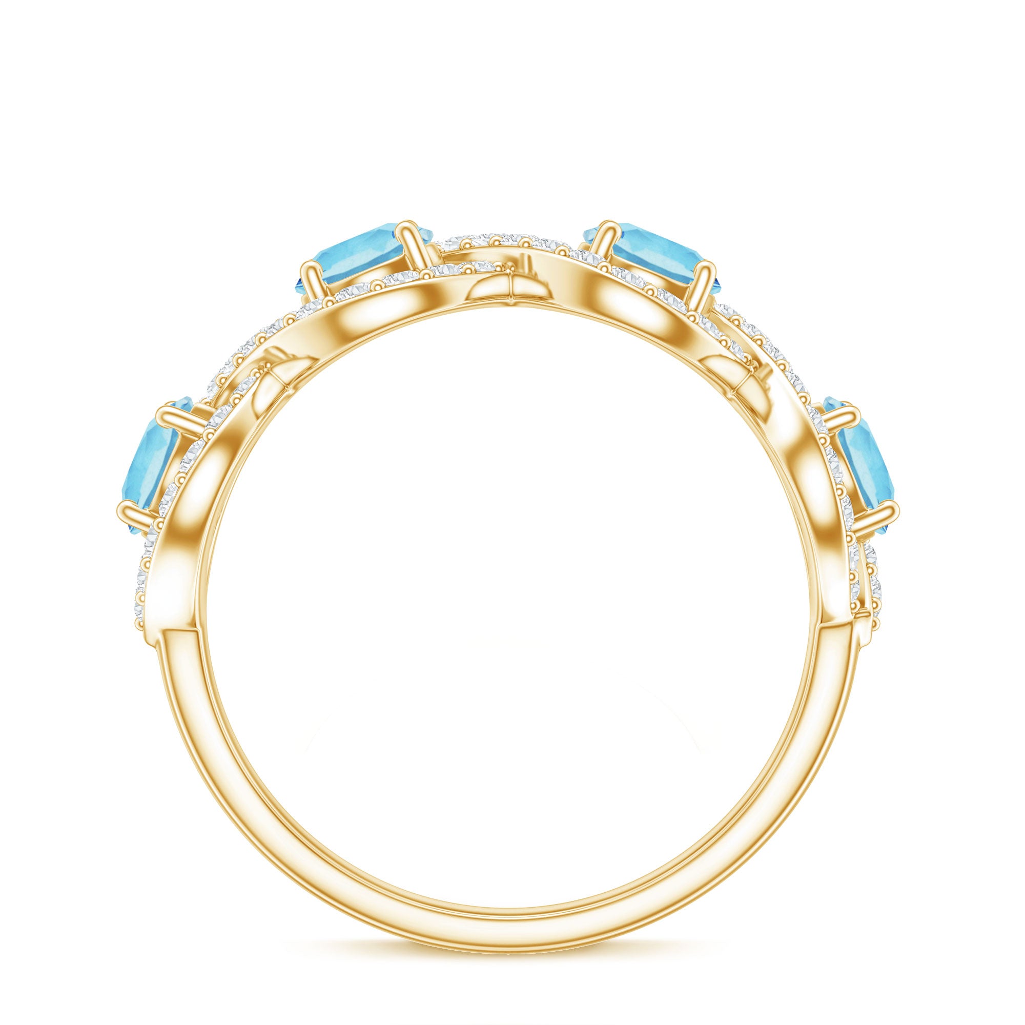 Braided Half Eternity Ring with Genuine Aquamarine and Diamond AAA - Rosec Jewels