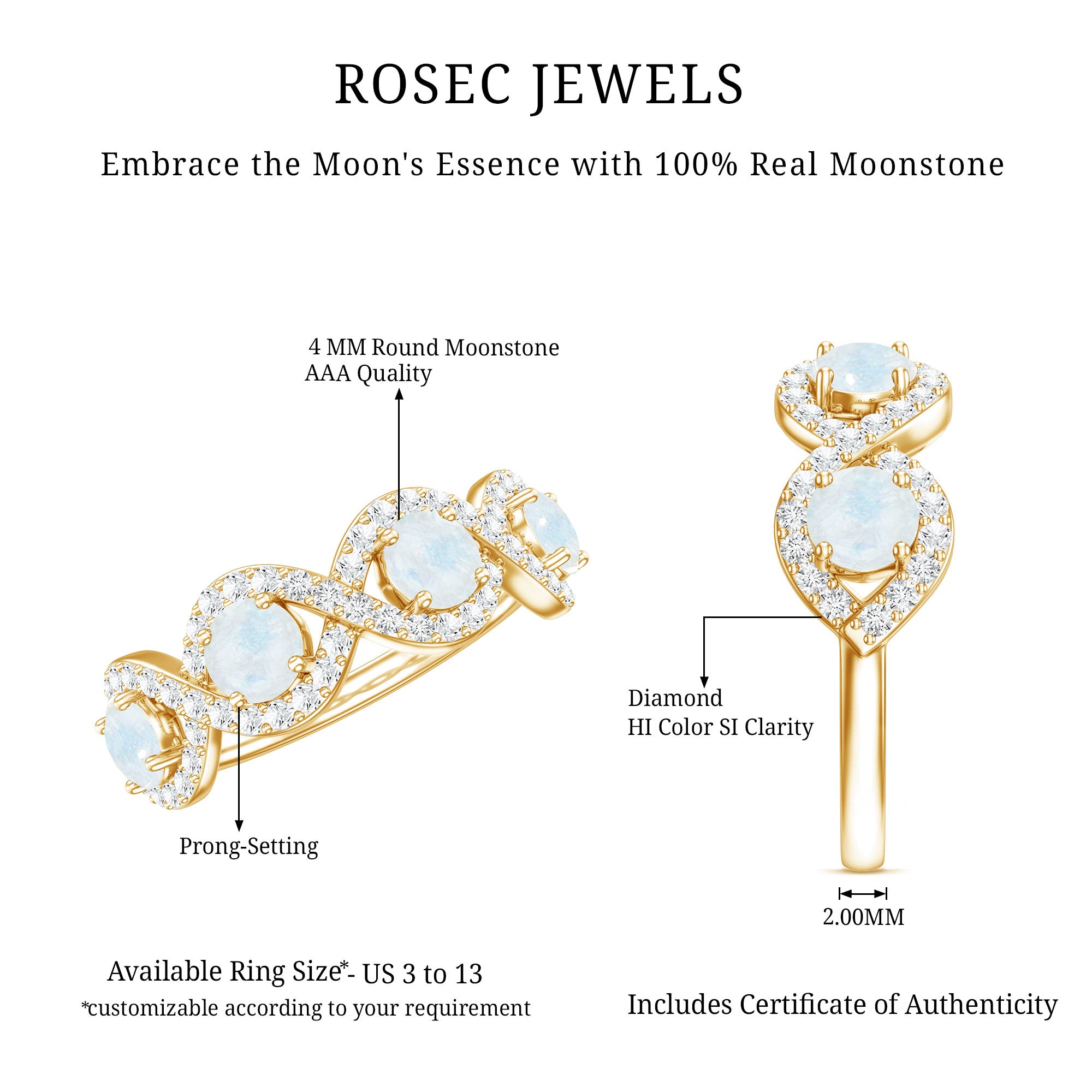 Genuine Moonstone Half Eternity Ring with Diamond AAA - Rosec Jewels