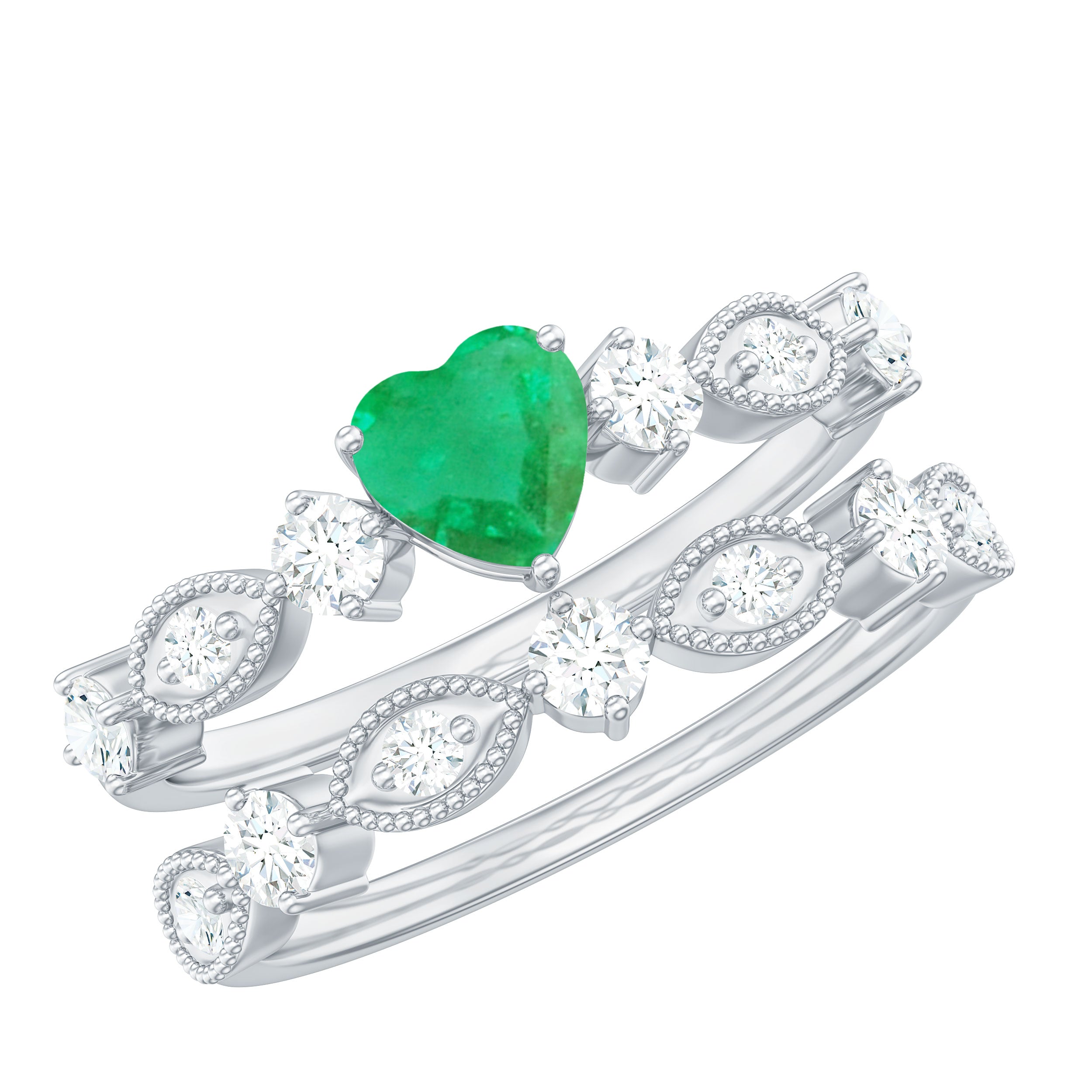 Natural Emerald Heart Shaped Engagement Ring and Diamond Wedding Band AAA - Rosec Jewels
