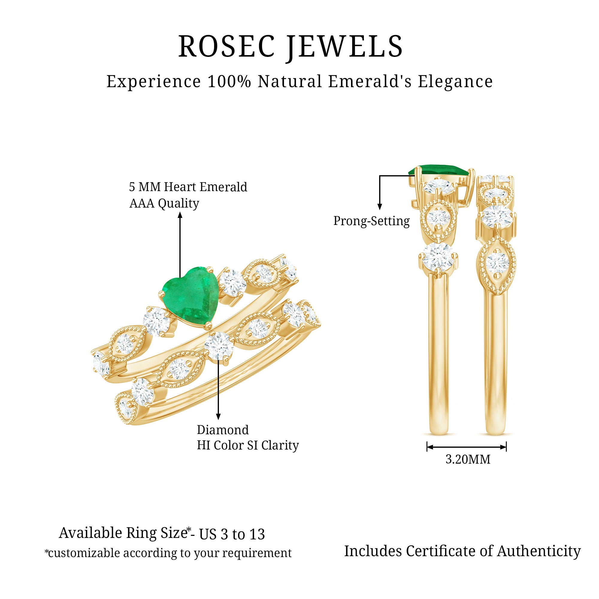 Natural Emerald Heart Shaped Engagement Ring and Diamond Wedding Band AAA - Rosec Jewels