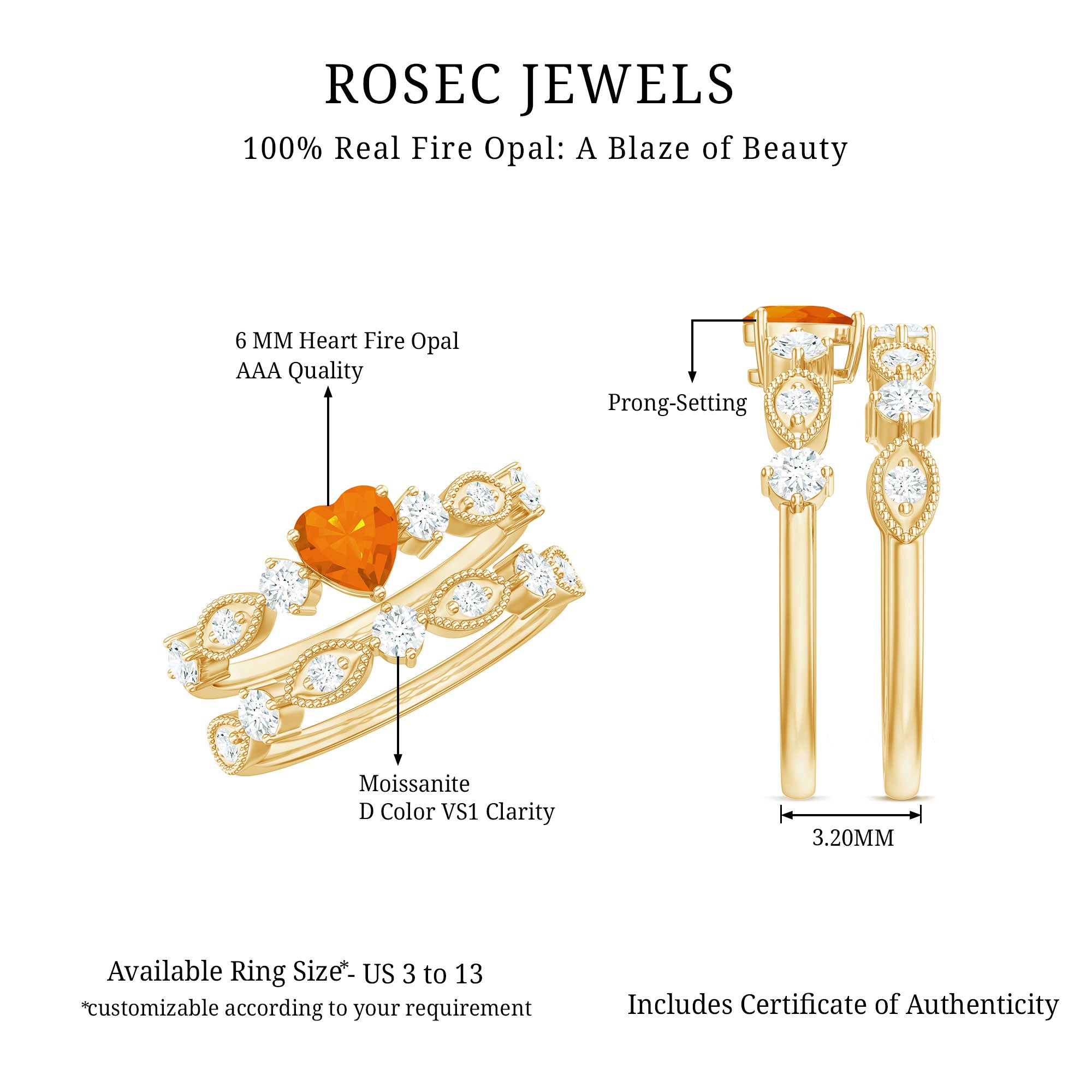 Rosec Jewels-Vintage Inspired Fire Opal and Diamond Wedding Ring Set