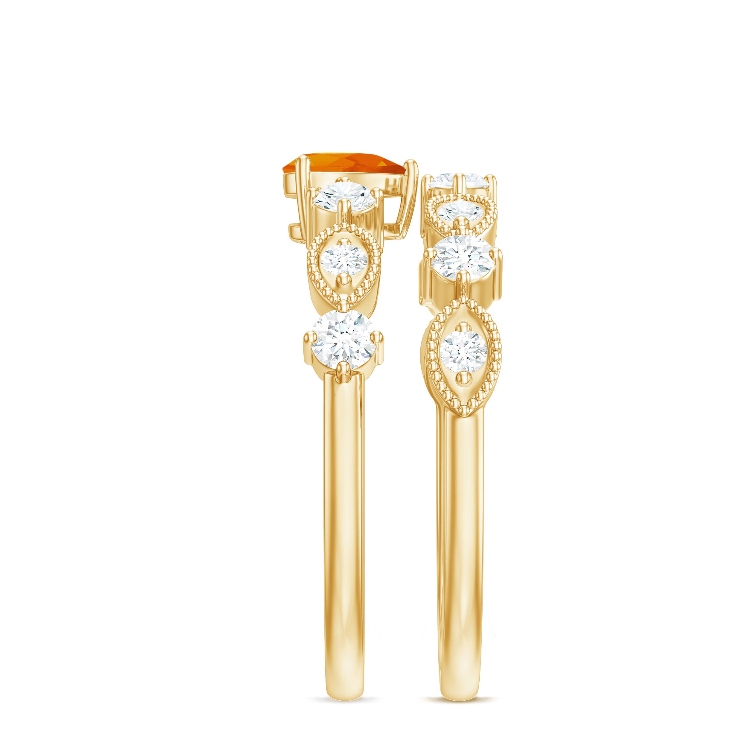 Rosec Jewels-Vintage Inspired Fire Opal and Diamond Wedding Ring Set