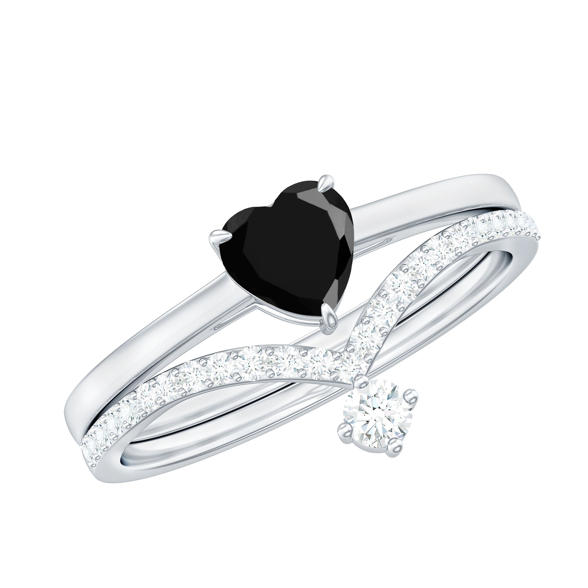 Heart Shape Created Black Diamond Solitaire Ring Set with Diamond AAAA ( Synthetic ) - Rosec Jewels
