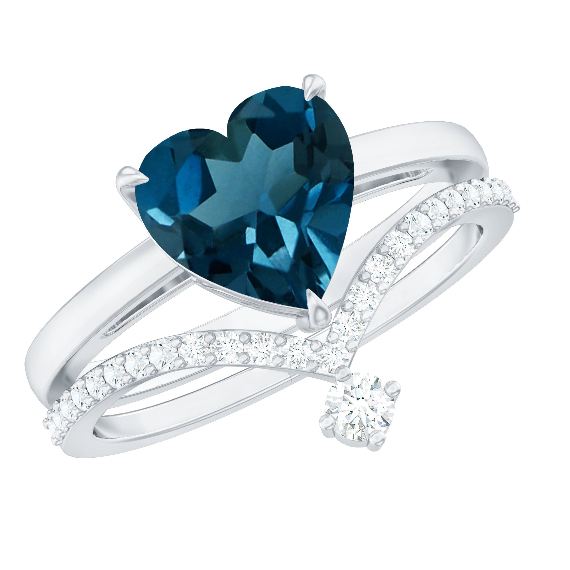 8mm Heart Shaped London Blue Topaz Solitaire Ring Set with Diamond Curved Band
