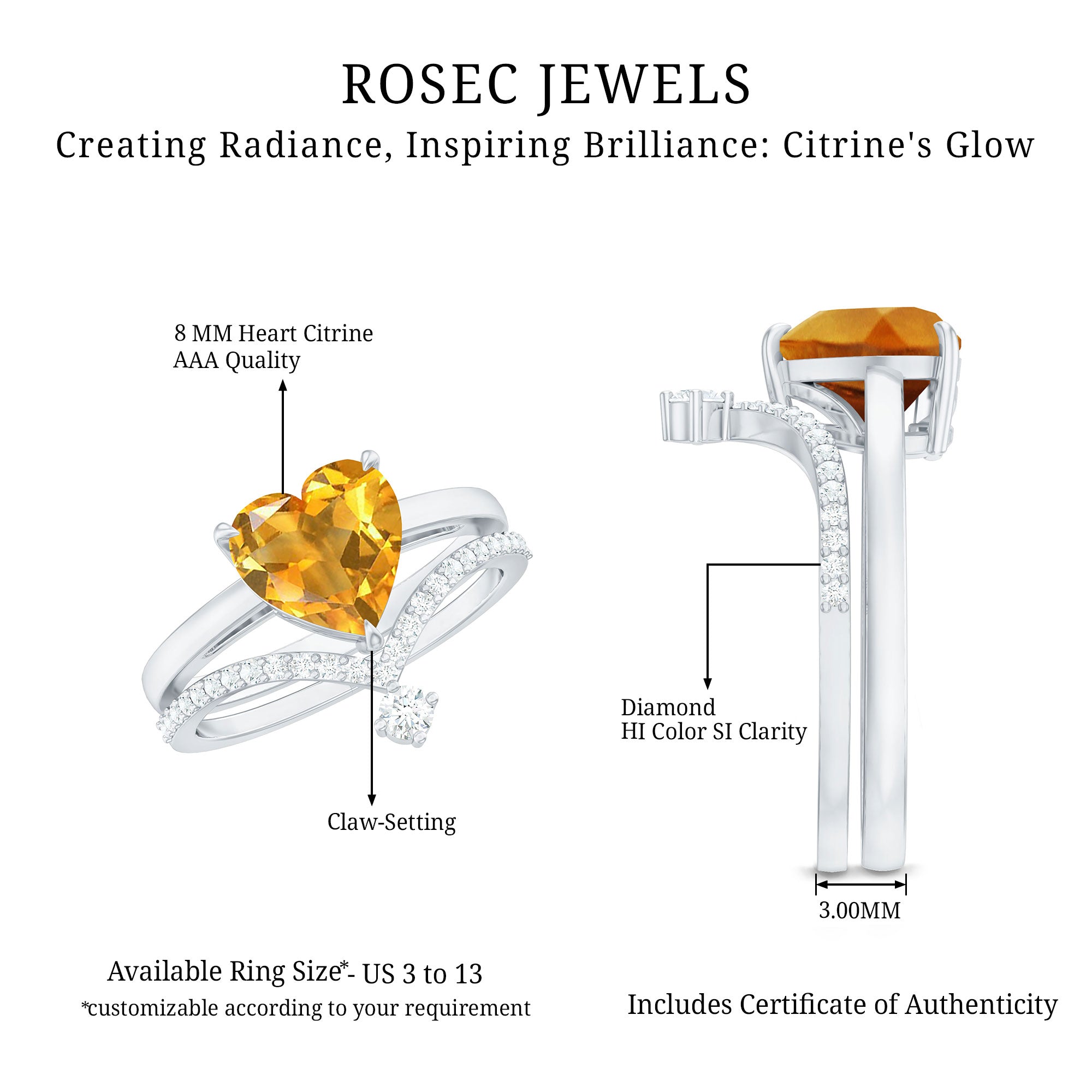 Natural Citrine Heart Engagement Ring with Diamond Enhancer AAA - Rosec Jewels