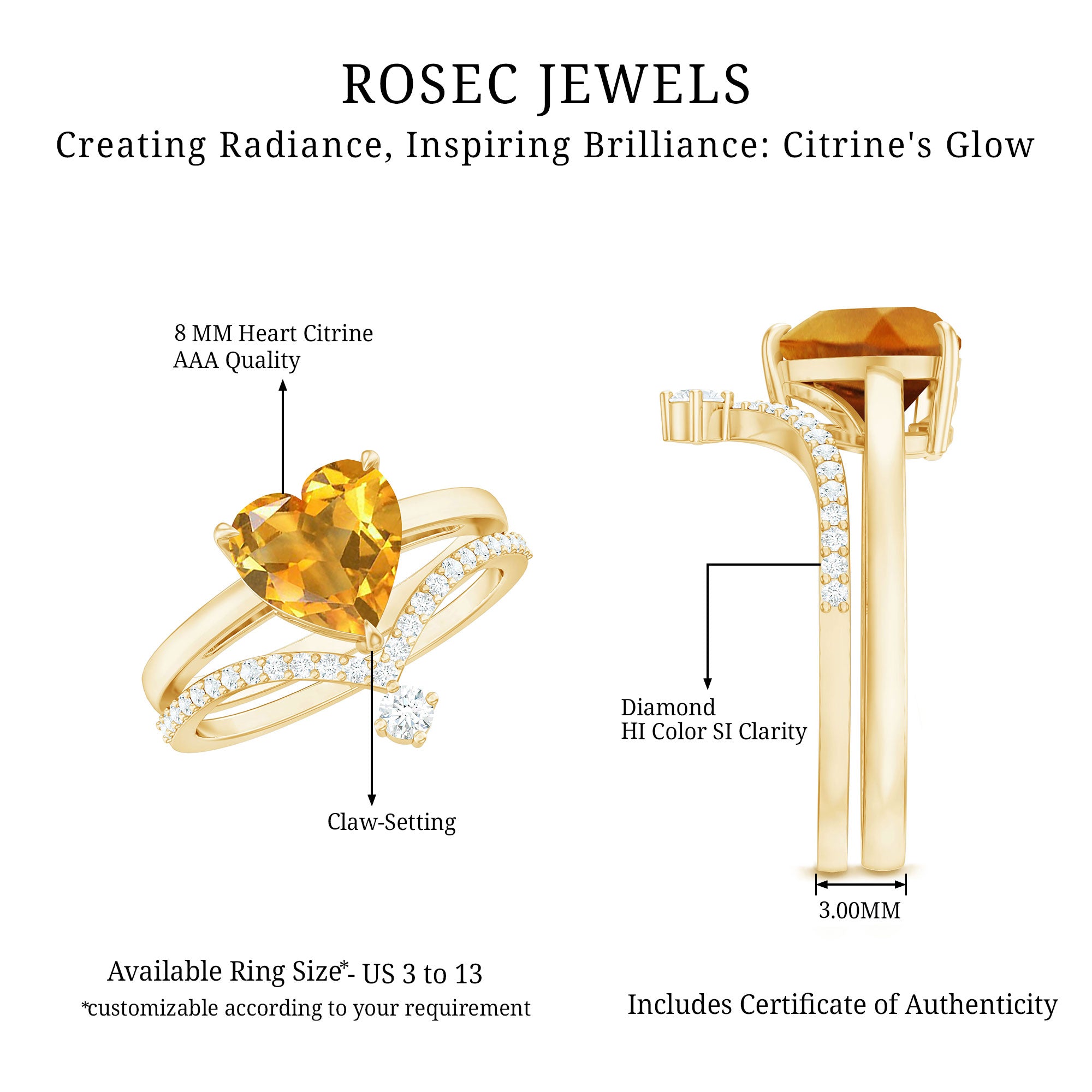 Natural Citrine Heart Engagement Ring with Diamond Enhancer AAA - Rosec Jewels