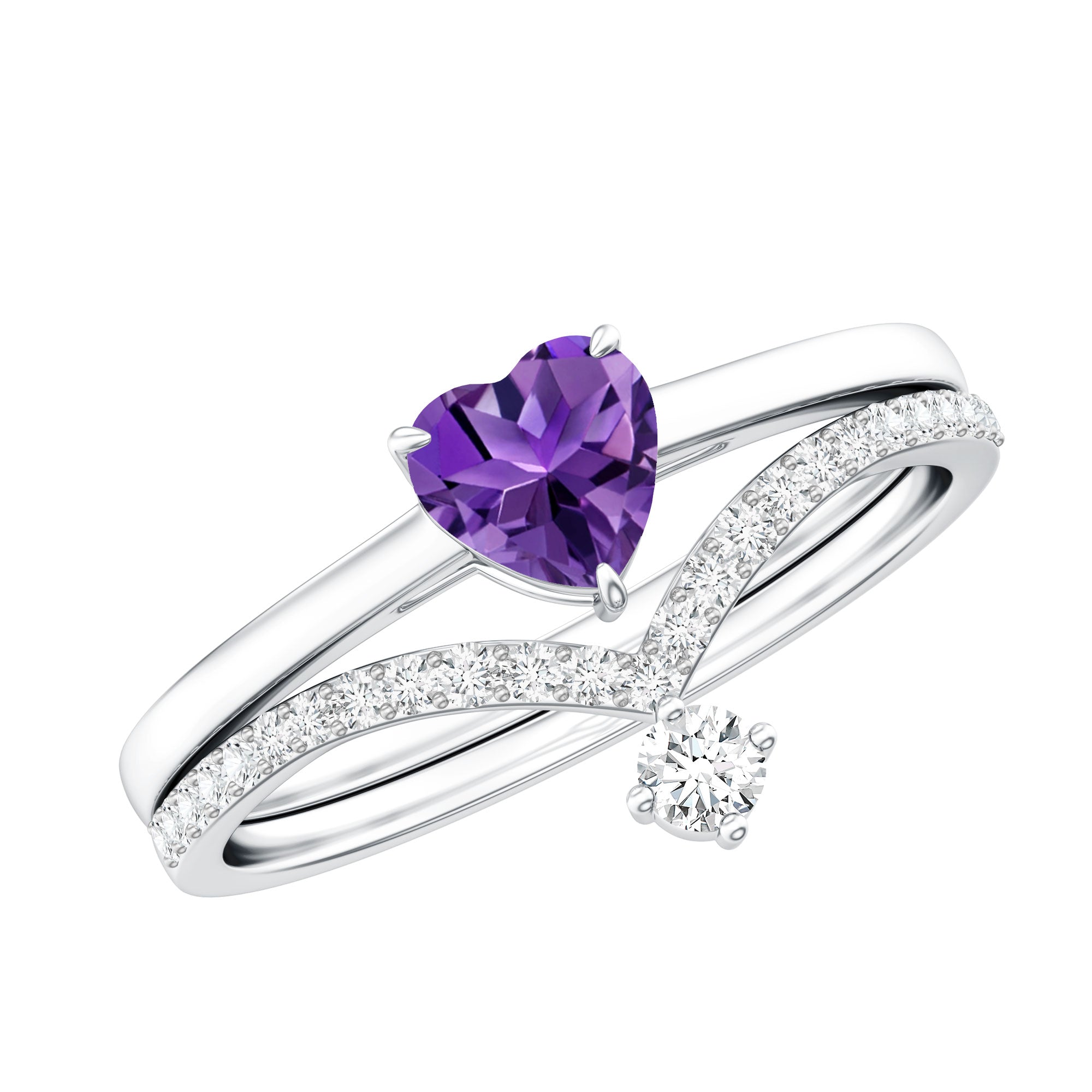 Certified Real Amethyst Heart Engagement Ring with Diamond Wedding Band AAA - Rosec Jewels