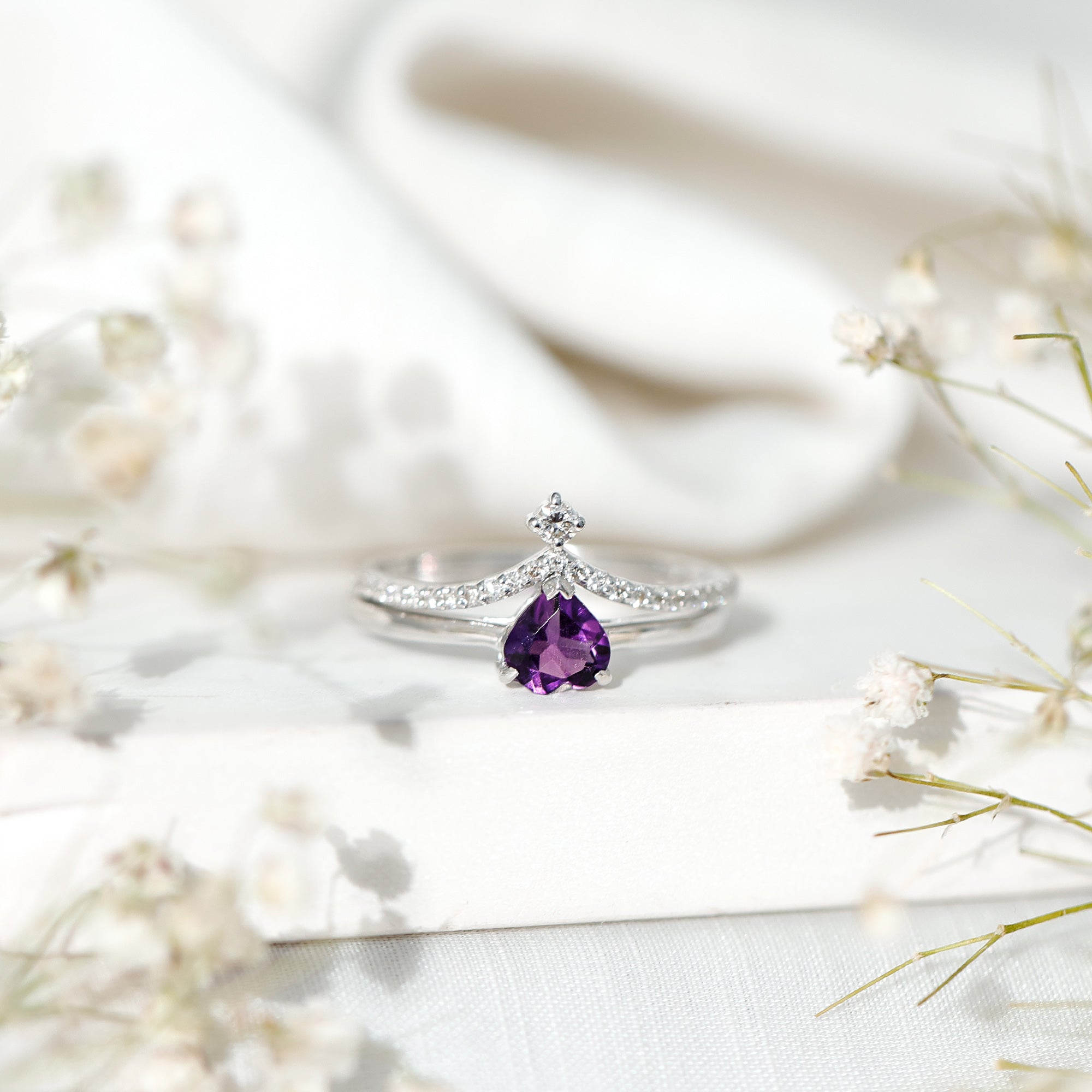 Certified Real Amethyst Heart Engagement Ring with Diamond Wedding Band AAA - Rosec Jewels