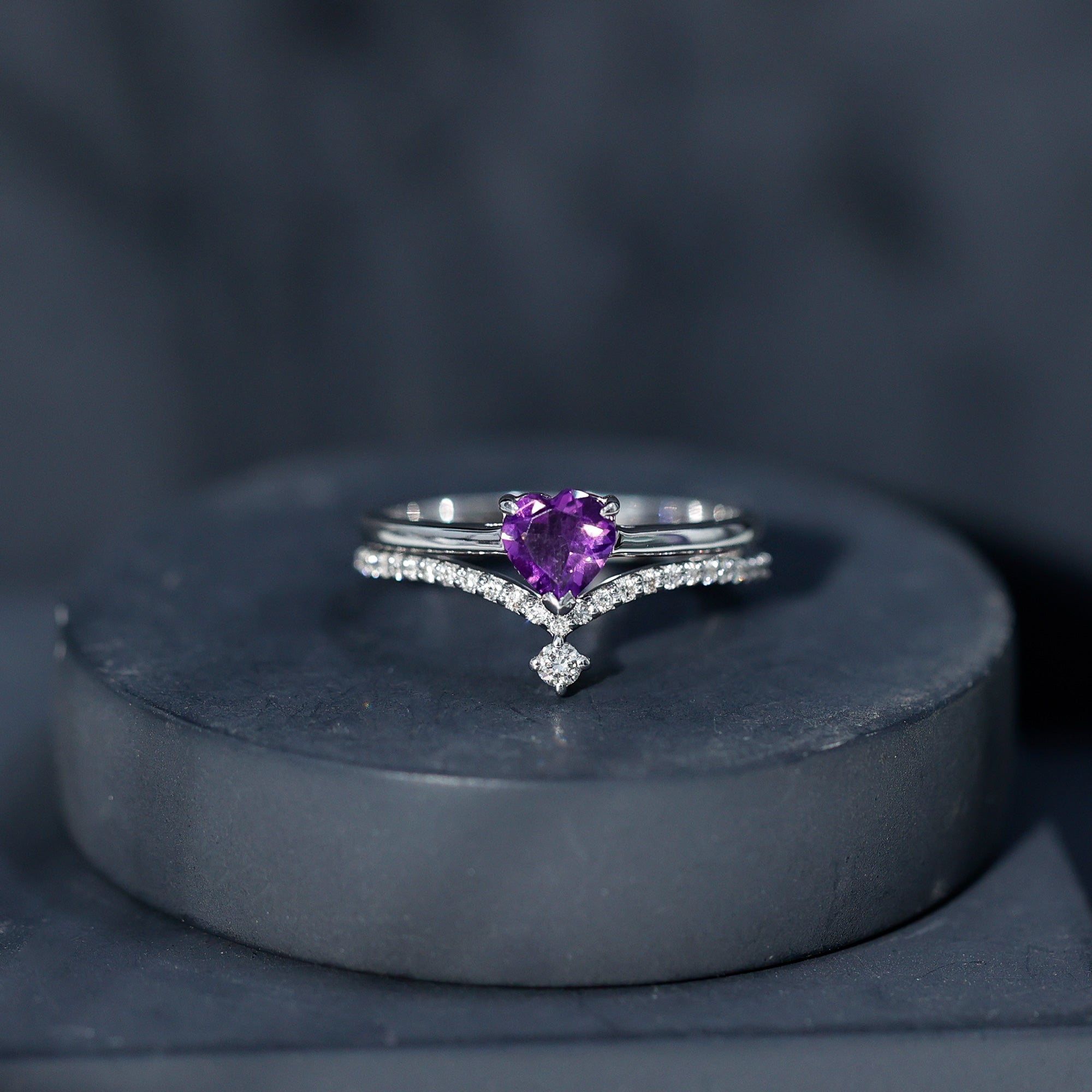 Certified Real Amethyst Heart Engagement Ring with Diamond Wedding Band AAA - Rosec Jewels