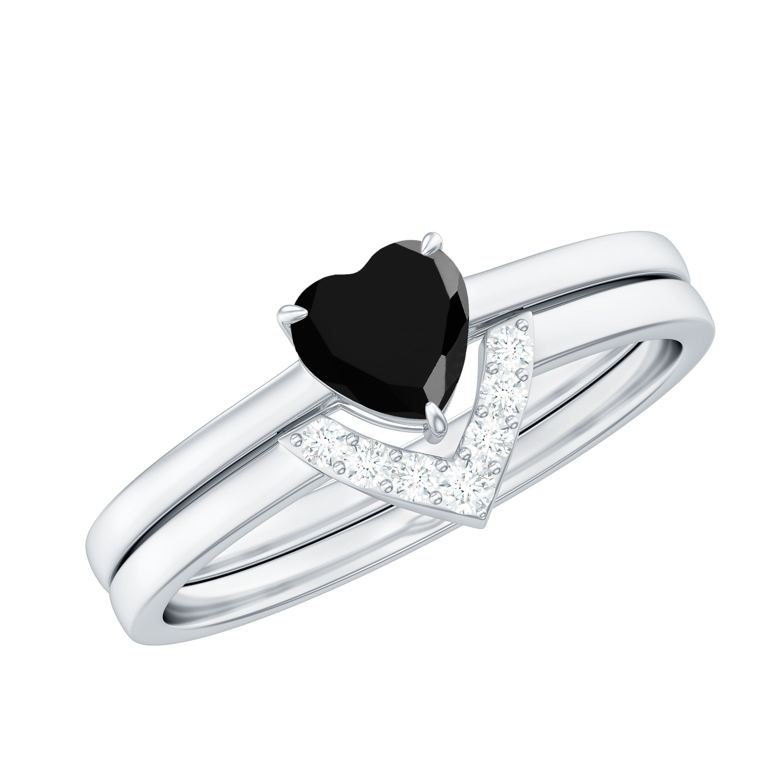 Heart Created Black Diamond Solitaire Ring Set with Diamond AAAA ( Synthetic ) - Rosec Jewels