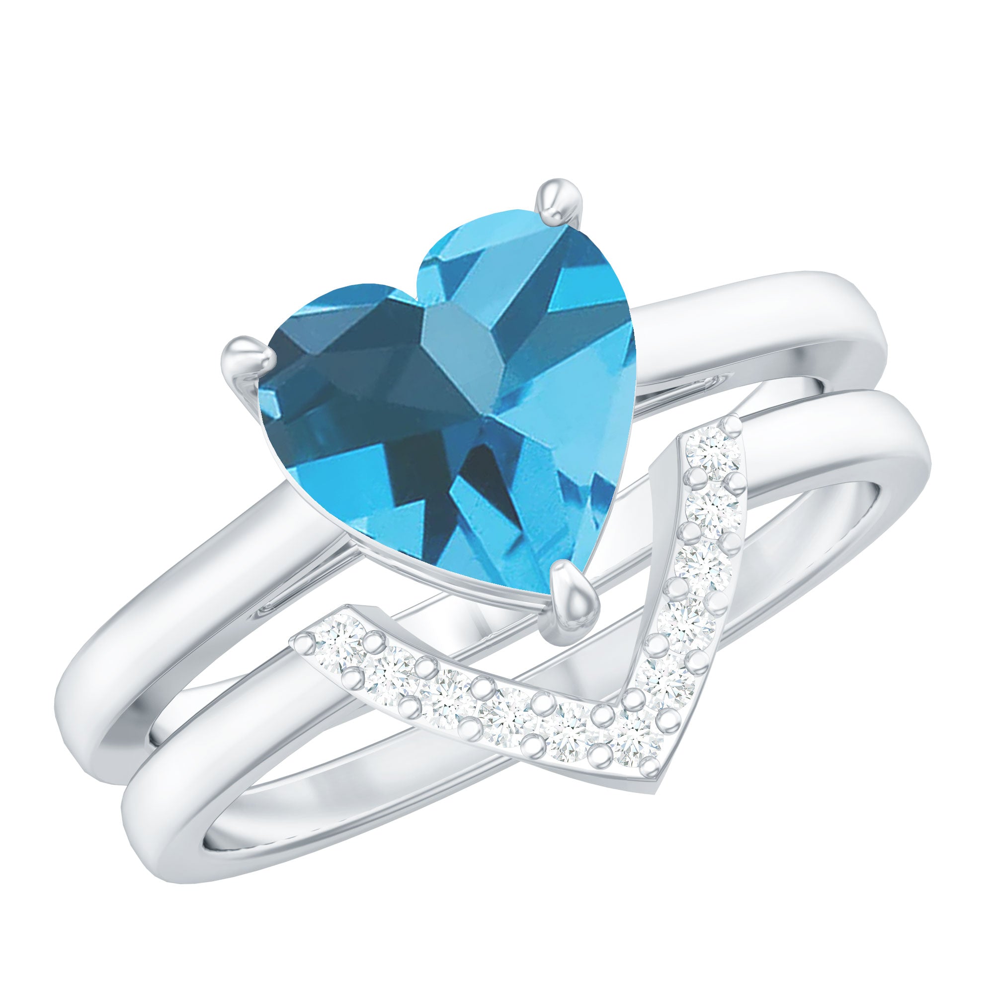 Heart Shape Swiss Blue Topaz Ring Set with Diamond