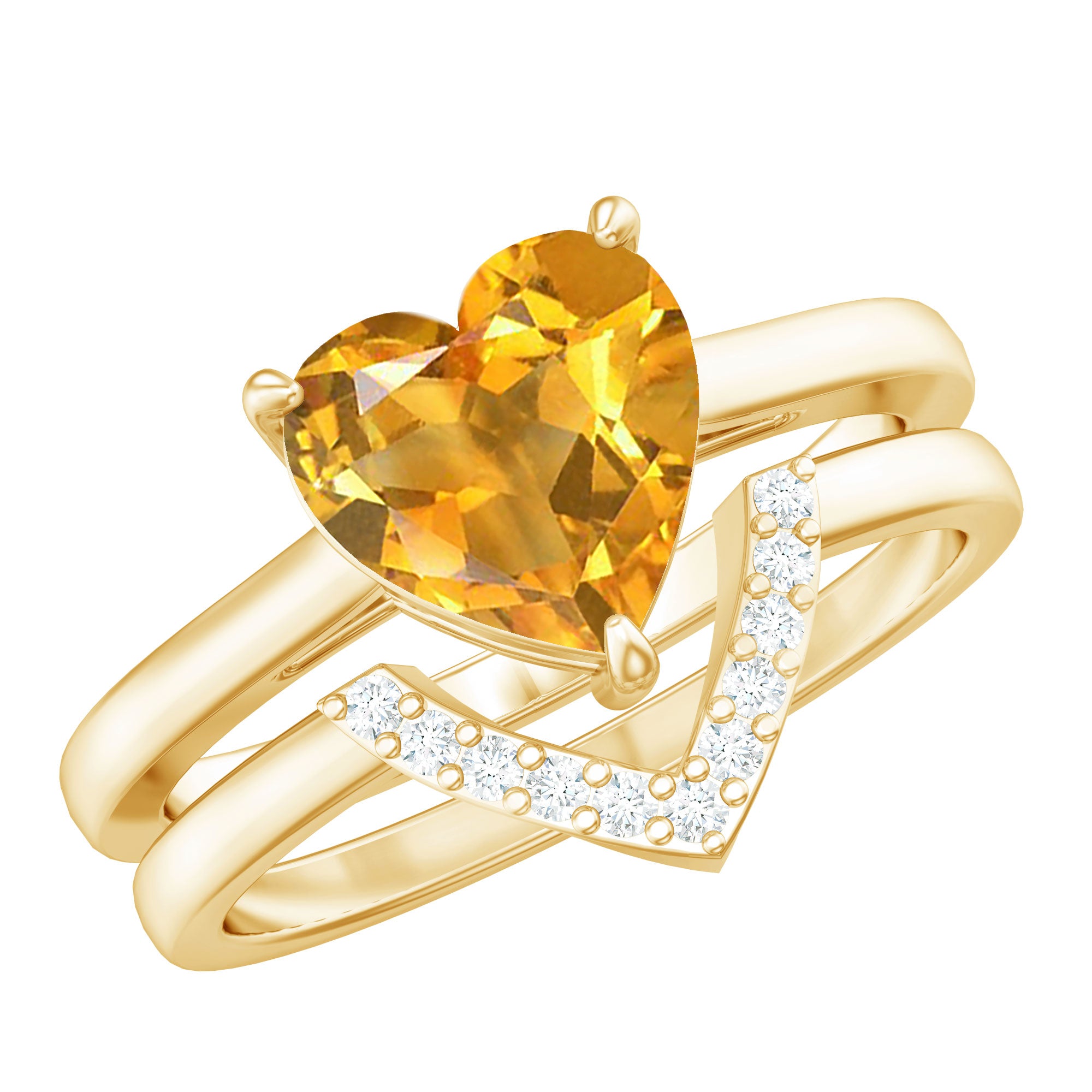 2 Carat Heart Shape Citrine and Diamond Bridal Ring Set AAA - Rosec Jewels
