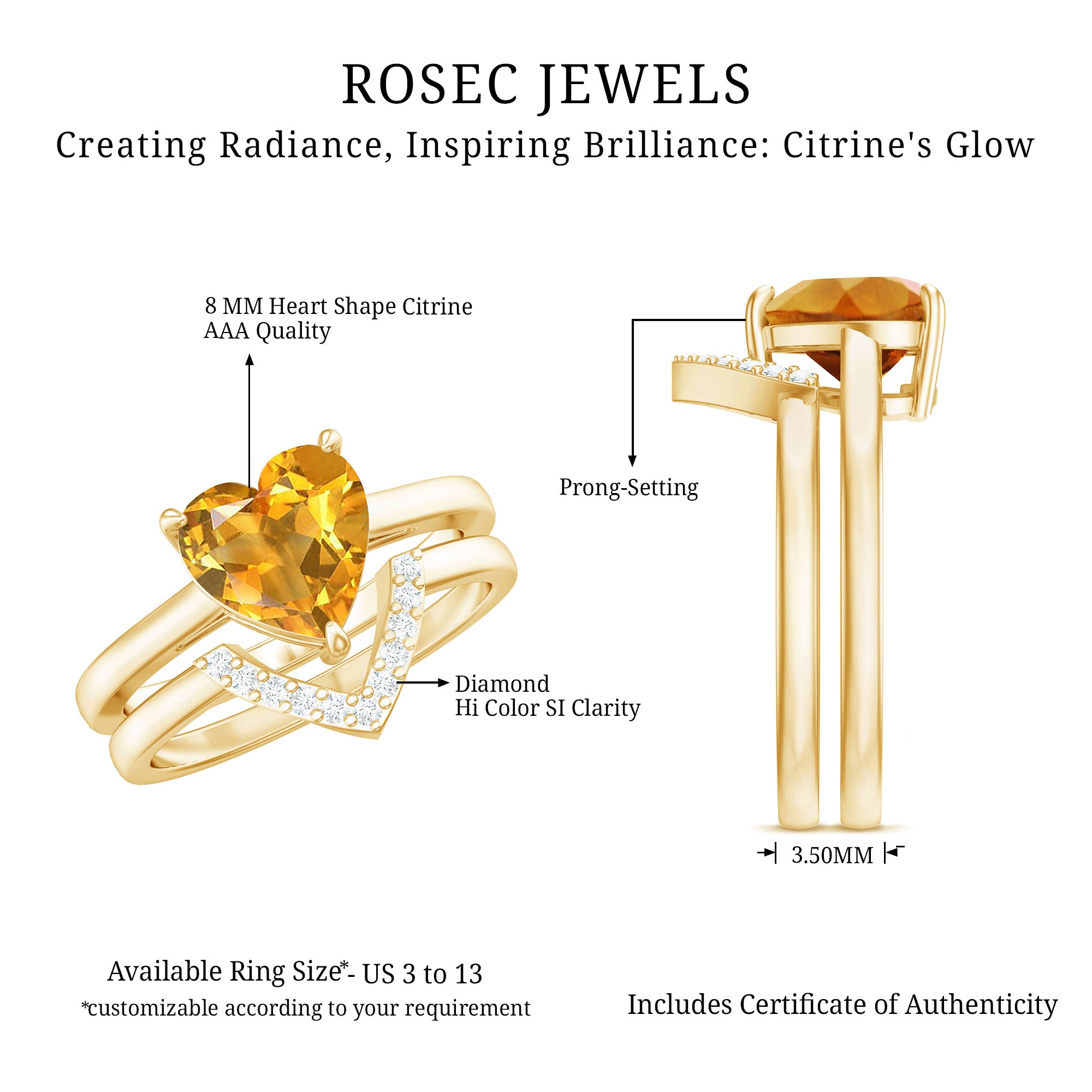 2 Carat Heart Shape Citrine and Diamond Bridal Ring Set AAA - Rosec Jewels