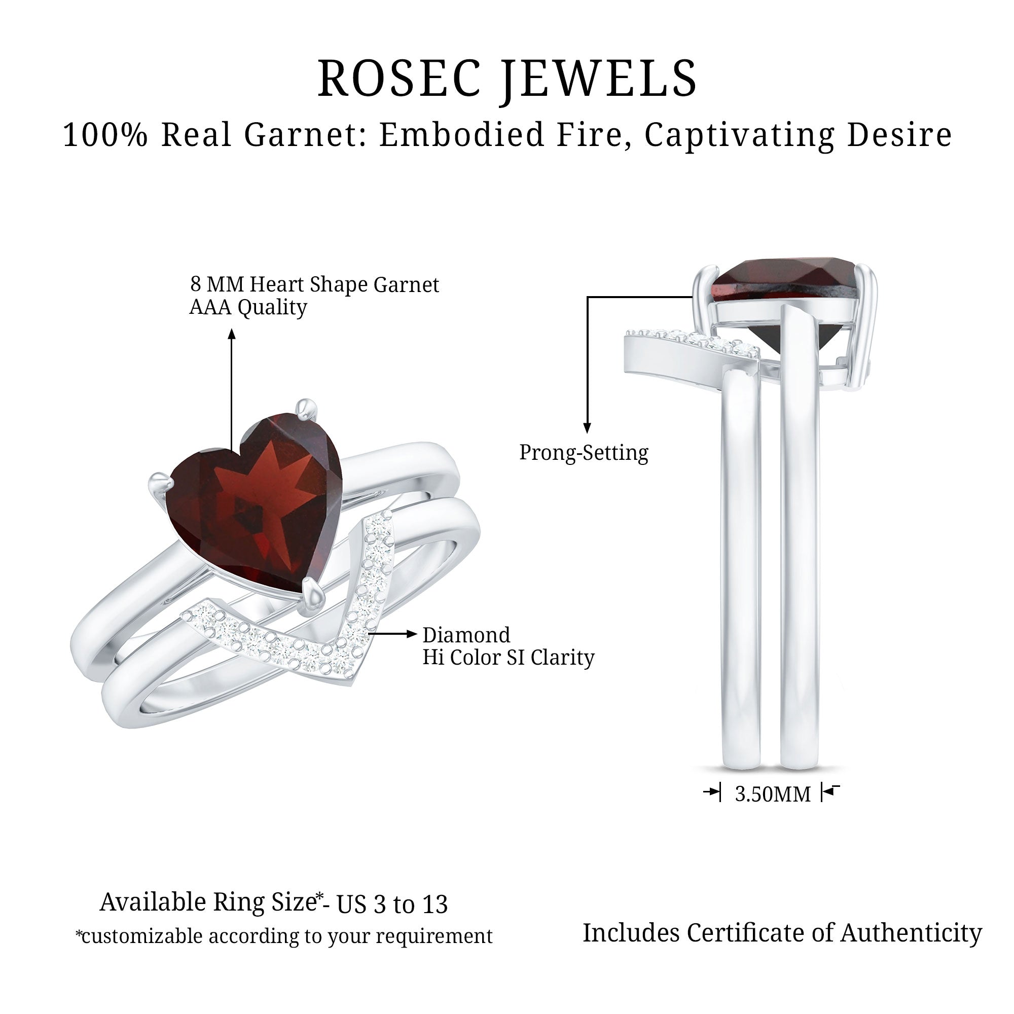 Real 8mm Garnet Diamond Heart Shaped Wedding Engagement Ring Set of 2 AAA - Rosec Jewels