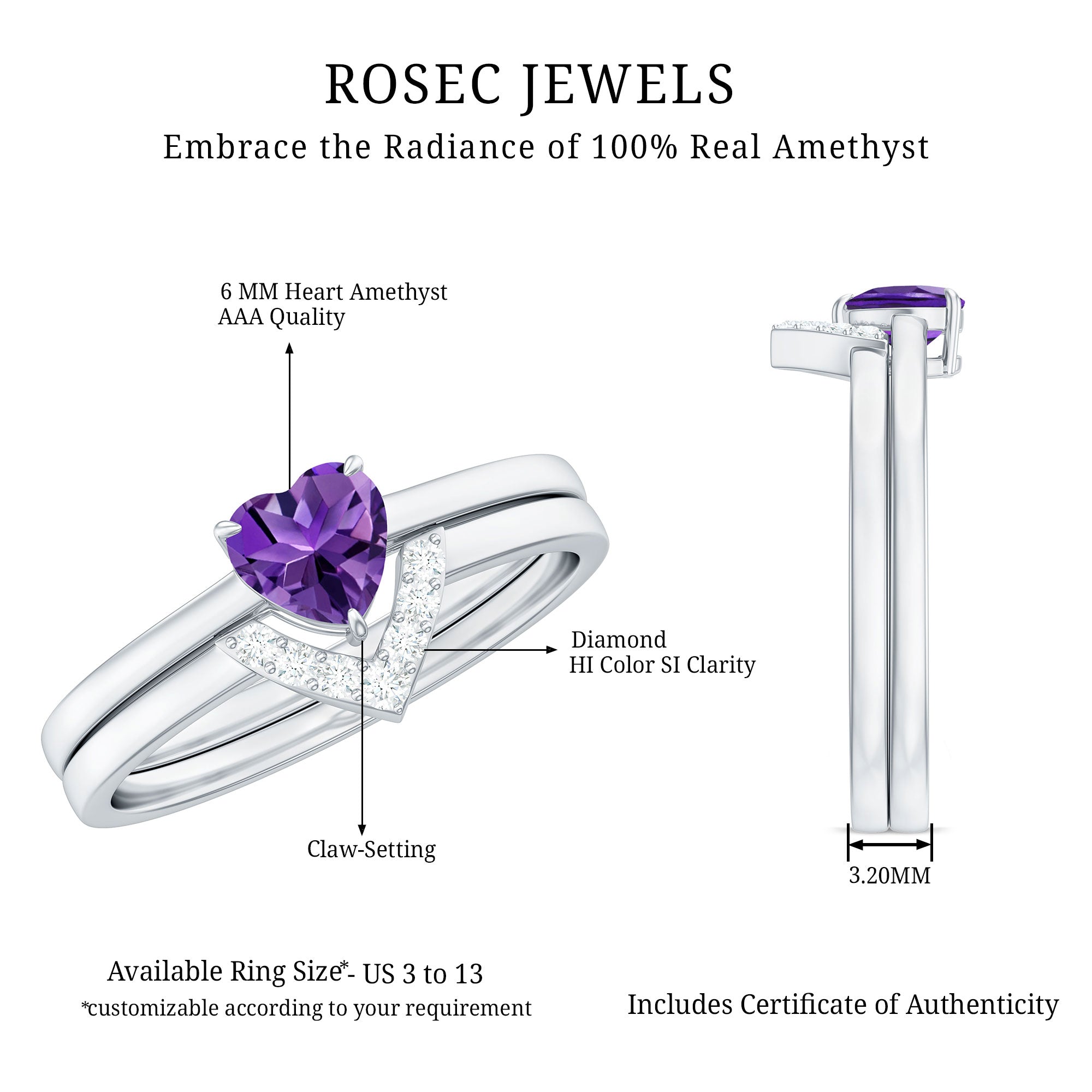 Natural Heart Shape Amethyst Engagement Ring Set with Diamond AAA - Rosec Jewels