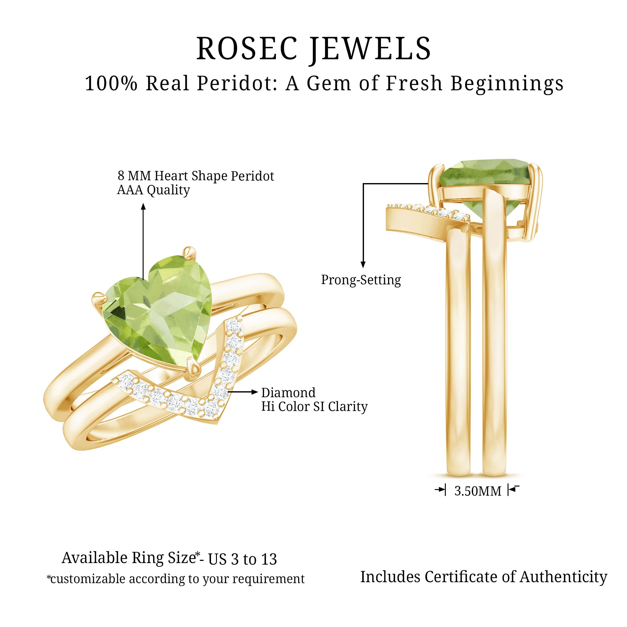 Natural 2 Carat Heart Shape Peridot Wedding Ring Set of 2 with Diamond AAA - Rosec Jewels