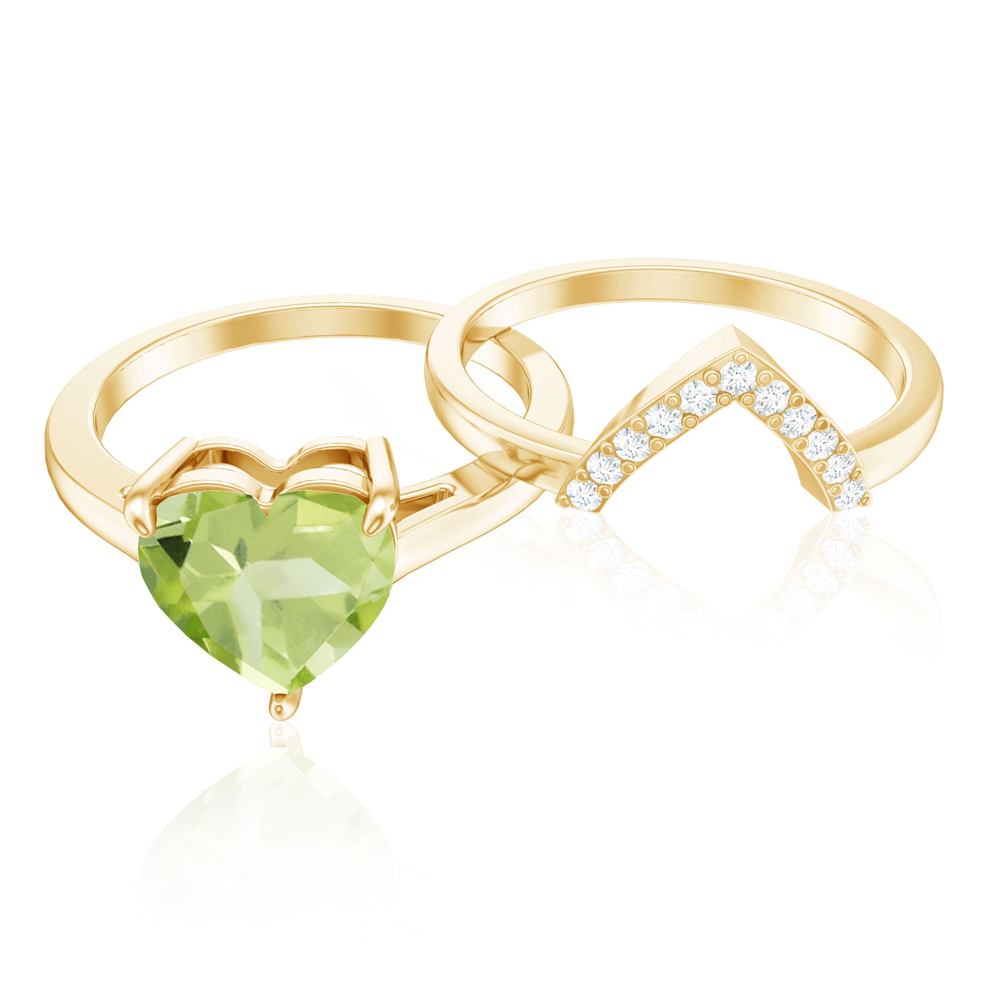Natural 2 Carat Heart Shape Peridot Wedding Ring Set of 2 with Diamond AAA - Rosec Jewels