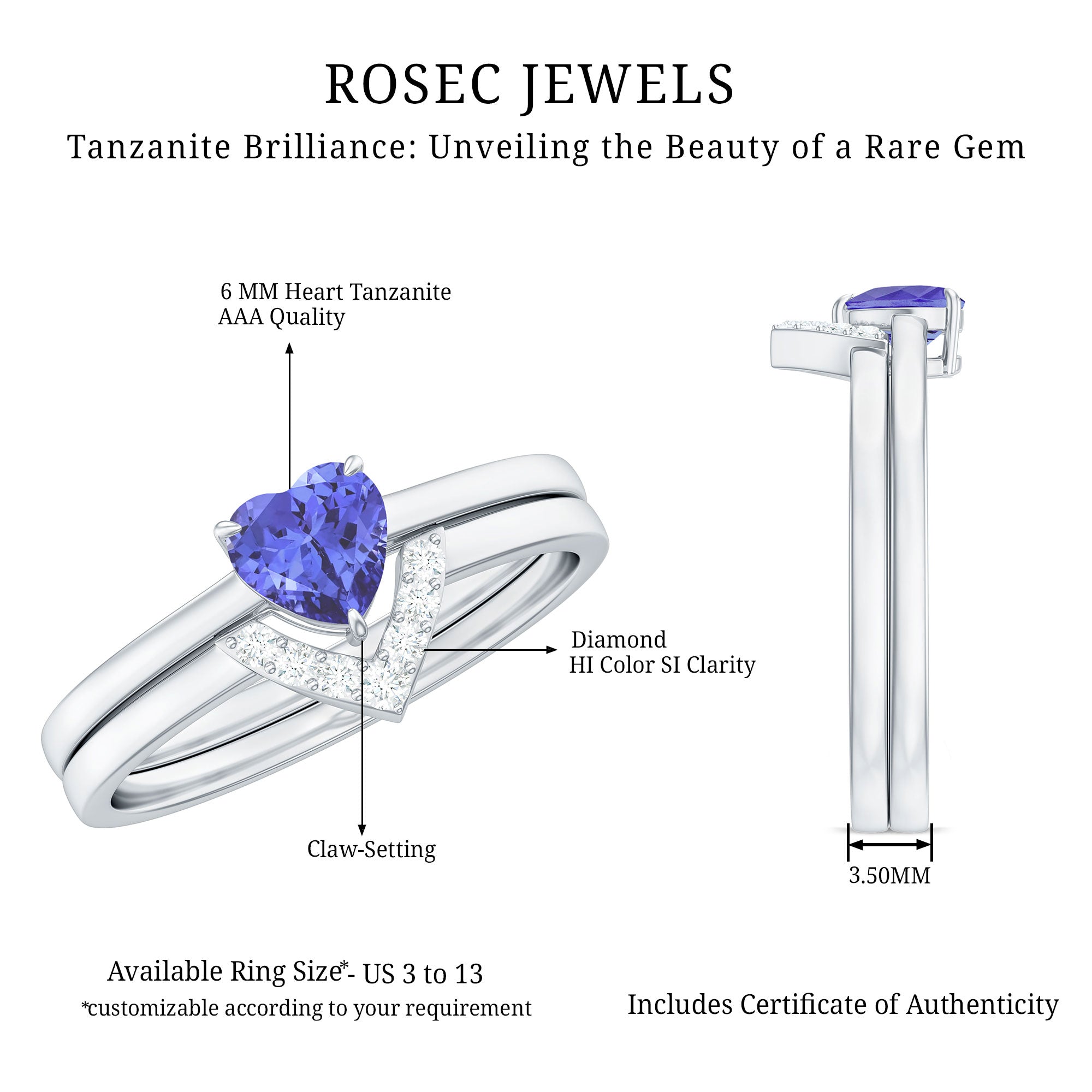 Rosec Jewels-Natural Heart Shape Tanzanite Diamond Wedding Engagement Ring Set