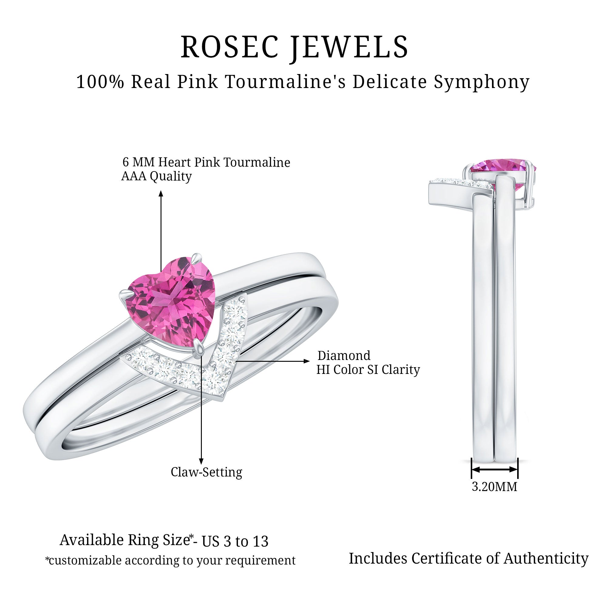 Pink Tourmaline Heart Ring Set with Diamond AAA - Rosec Jewels