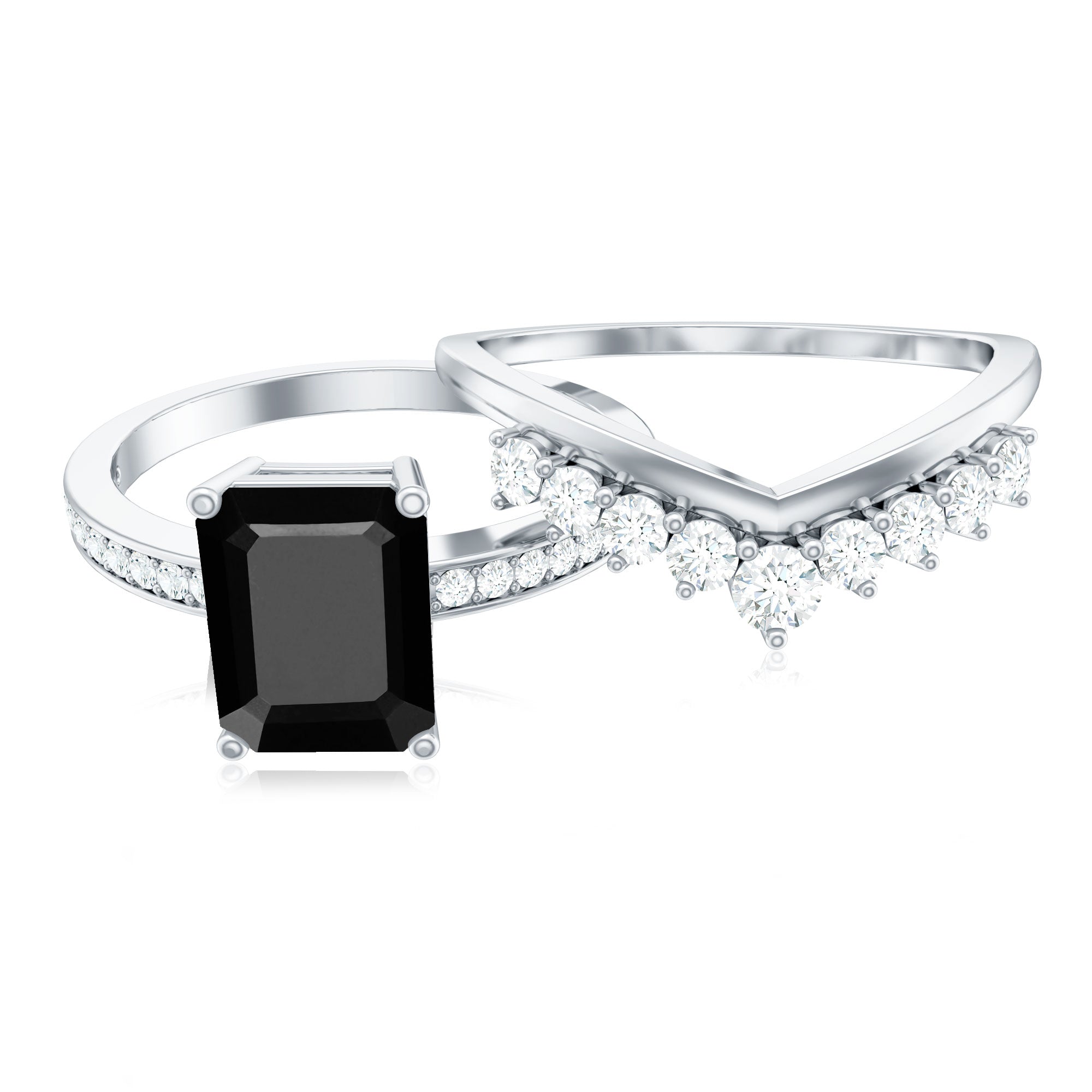 Emerald Cut Created Black Diamond and Diamond Engagement Ring Set AAAA ( Synthetic ) - Rosec Jewels