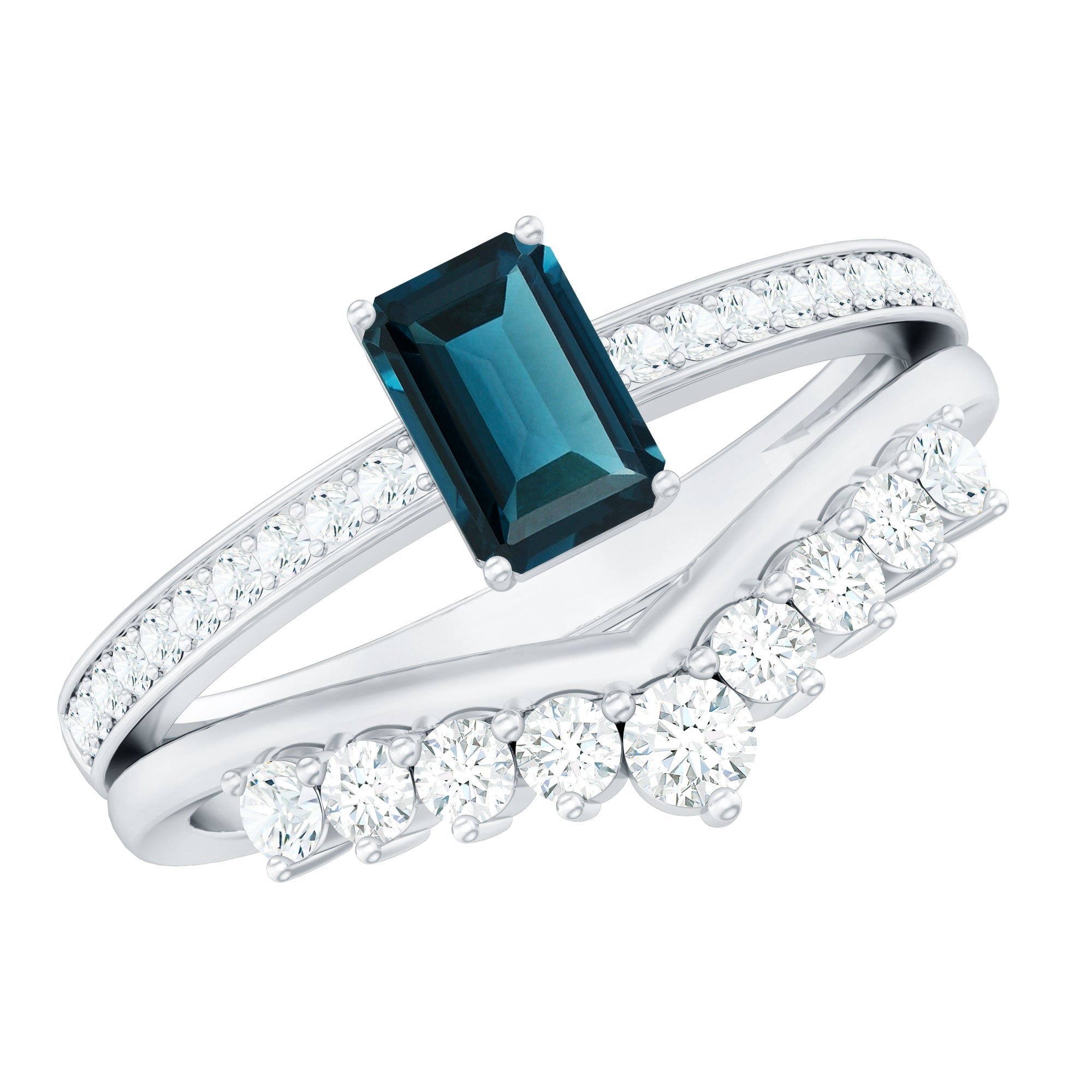 London Blue Topaz Engagement Ring with Diamond Wedding Band AAA - Rosec Jewels