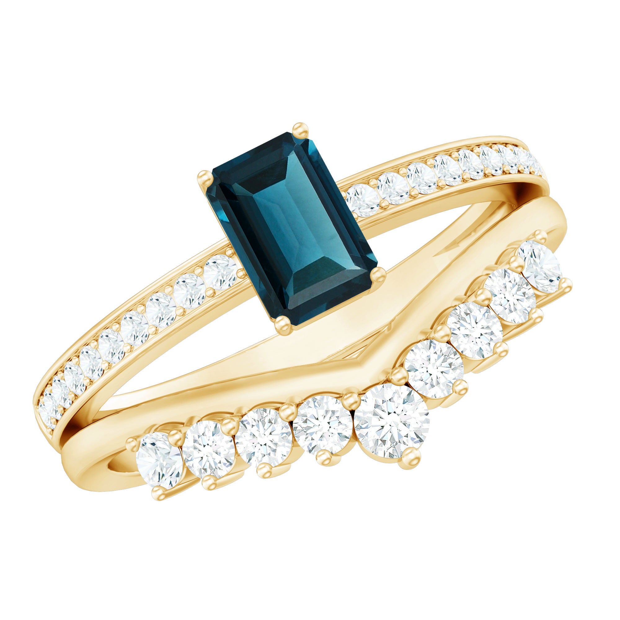 London Blue Topaz Engagement Ring with Diamond Wedding Band AAA - Rosec Jewels