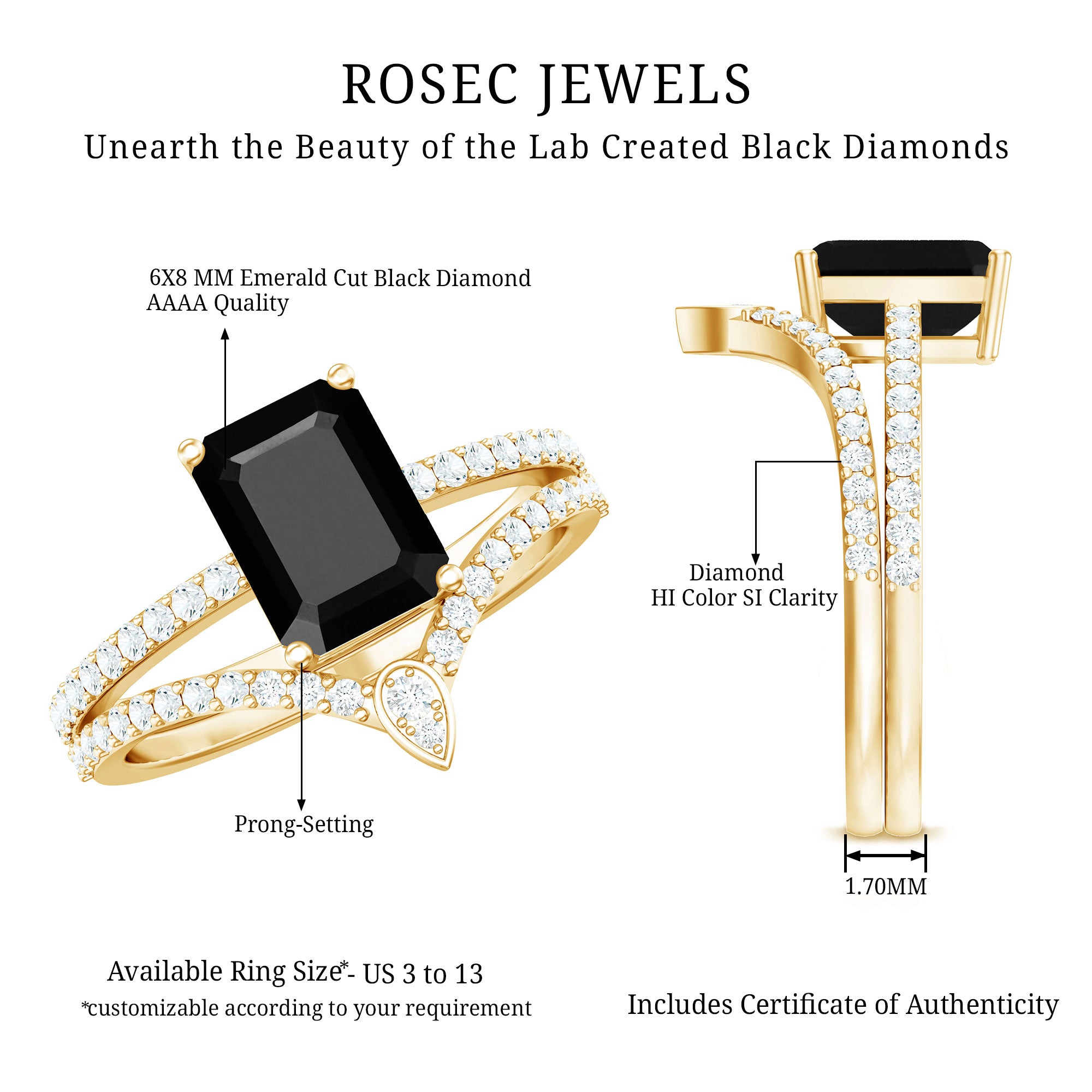 1.6 Carat Emerald Cut Lab Grown Black and White Diamond Wedding Ring Set for Women AAAA ( Synthetic ) - Rosec Jewels