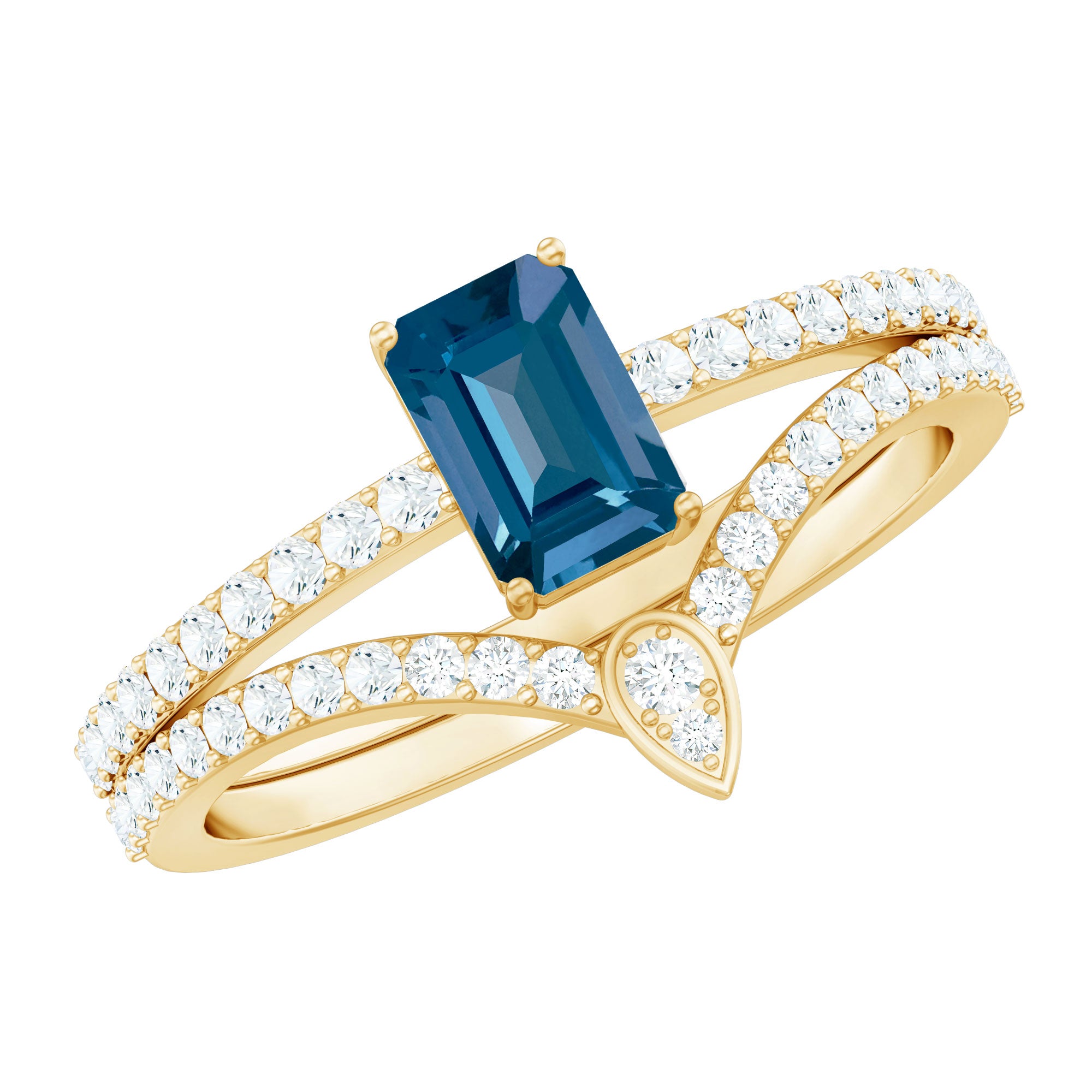 Genuine London Blue Topaz Emerald Cut Engagement Ring Set with Diamond Band AAA - Rosec Jewels
