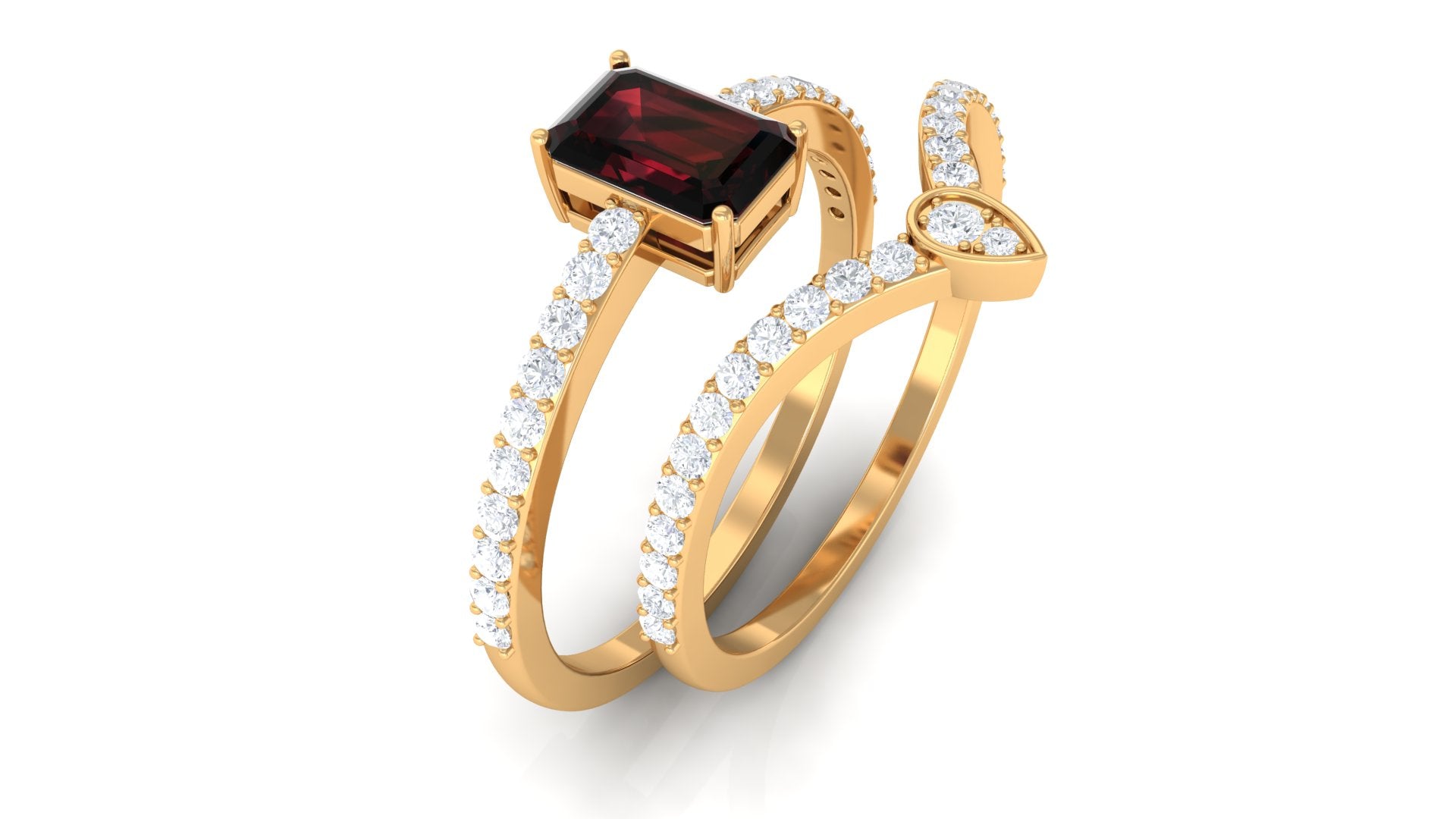 Rosec Jewels-Real Garnet Diamond Emerald Cut Wedding Bridal Ring Set of 2