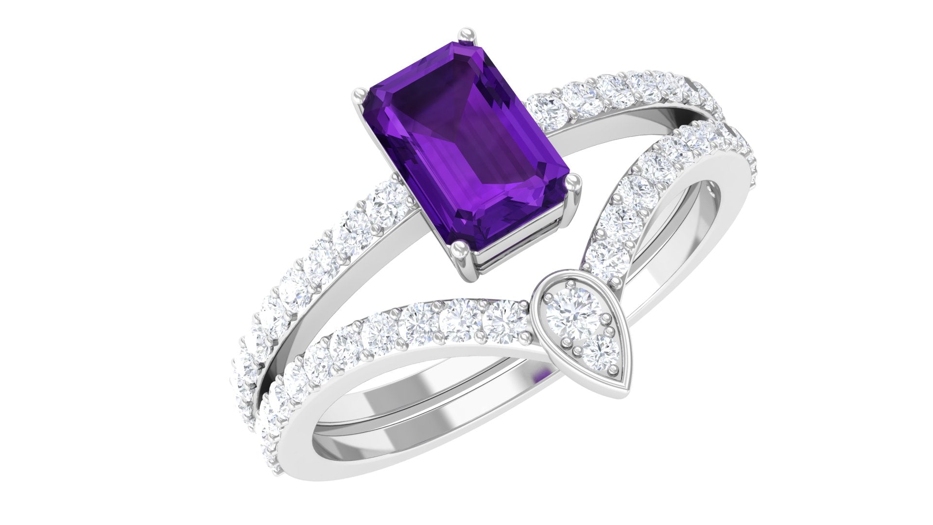 Natural 1.4 Carat Emerald Cut Amethyst Diamond Wedding Ring Set AAA - Rosec Jewels