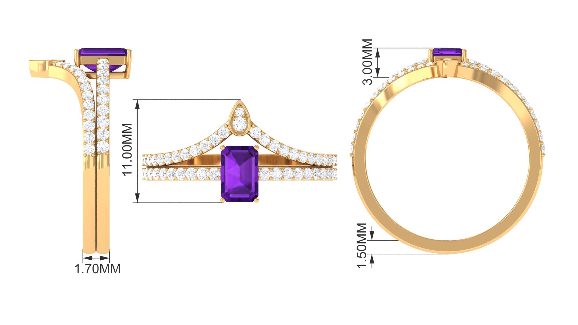 Natural 1.4 Carat Emerald Cut Amethyst Diamond Wedding Ring Set AAA - Rosec Jewels