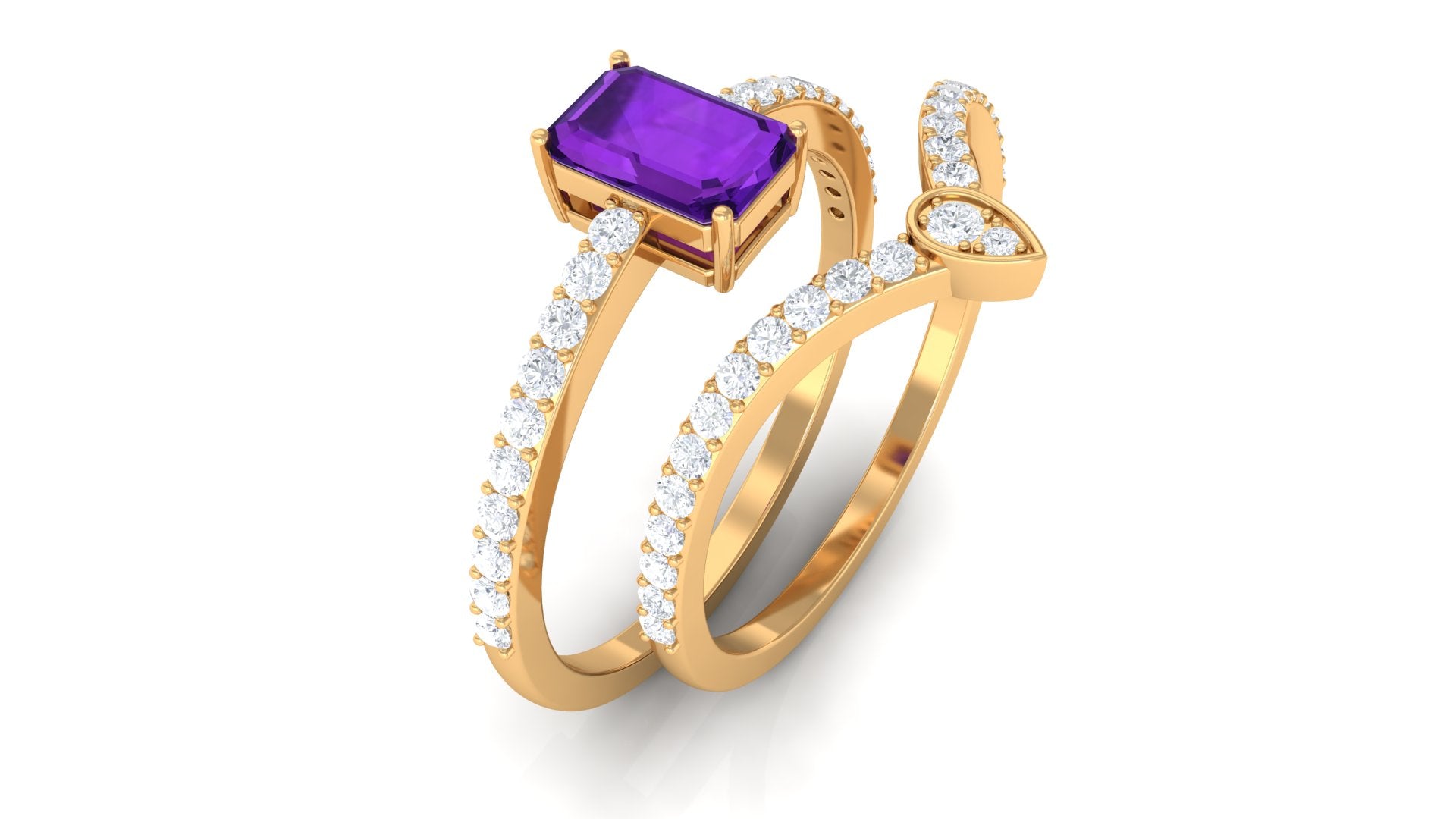 Natural 1.4 Carat Emerald Cut Amethyst Diamond Wedding Ring Set AAA - Rosec Jewels